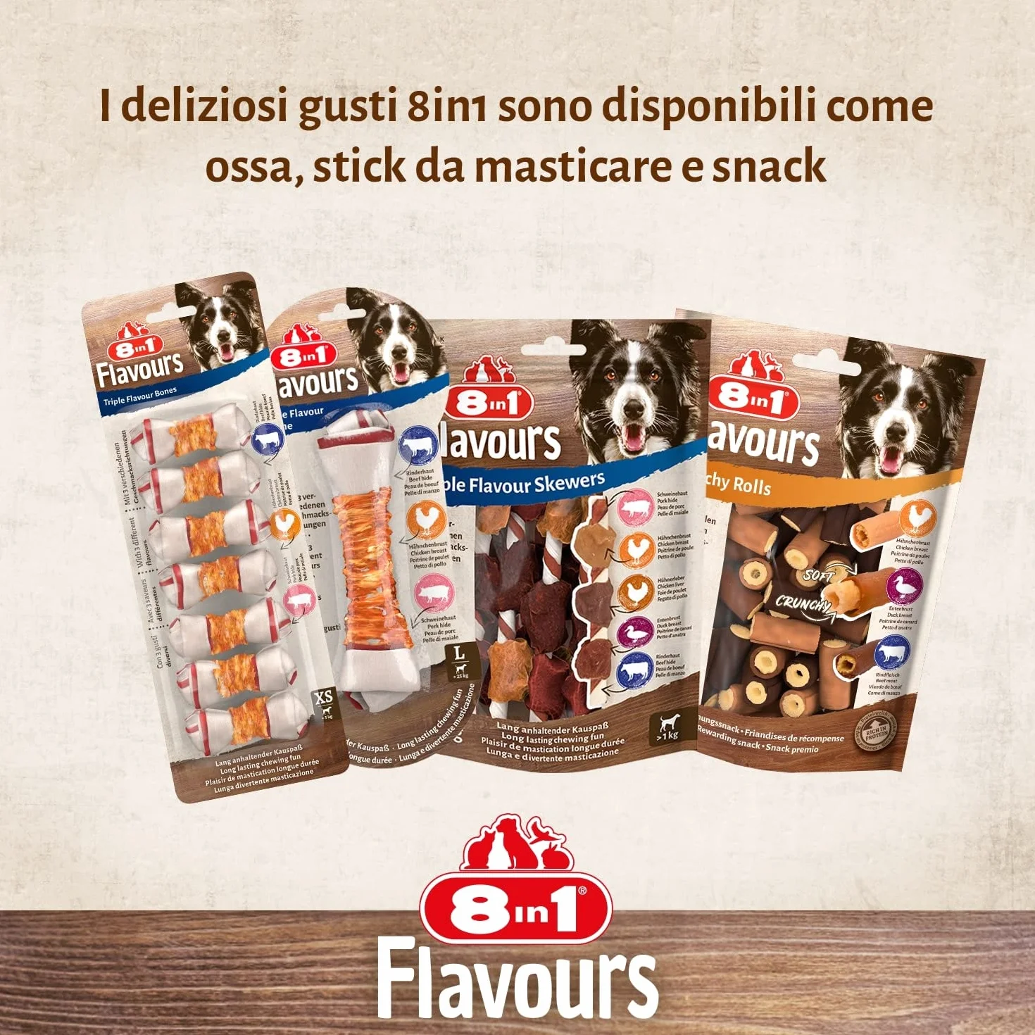 8in1 Triple Flavour Skewers Bastoncini da masticare per cani - Snack da masticare con carne extra, confezione da 113 g (ca. 6 pezzi)