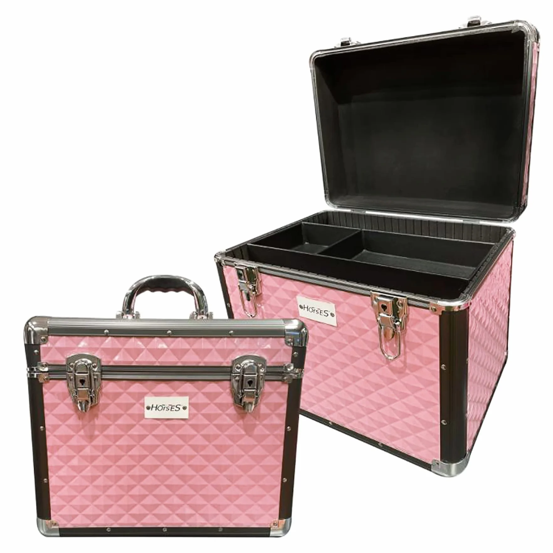 Horses, Bauletto Shiny Cura Cavallo, Cassetta Porta Accessori Grooming Cavalli, Valigetta per Toelettatura Equestre, Porta Kit Spazzole, Box in Alluminio 30x38x26 cm, ROSA