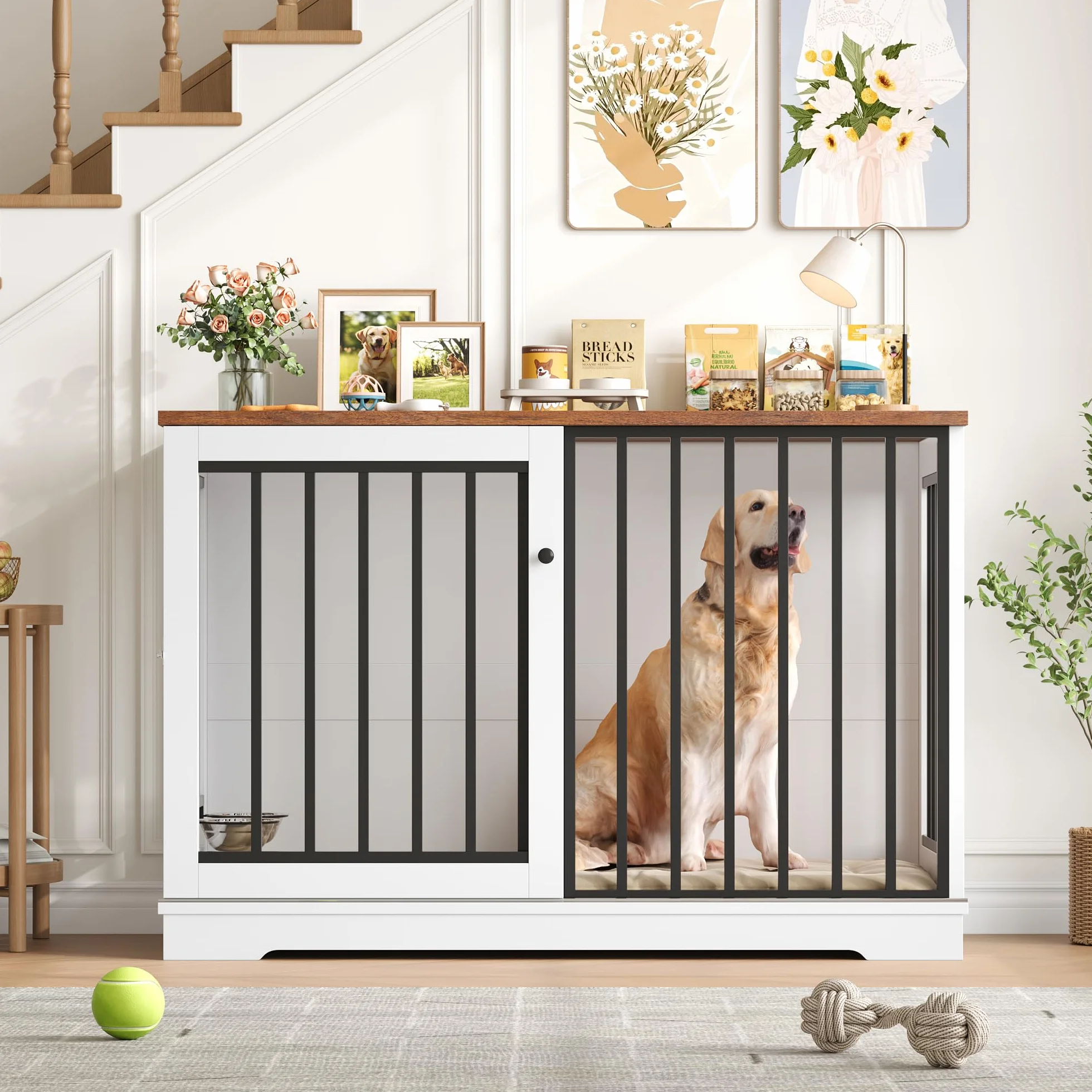 FirFurd 120 cm Gabbia per Cani, Kennel Cane Grande con Porta Scorrevole, con 2 Ciotole che Ruotano di 360°, Cane Kennel in Metallo e Legno, 120x60x90cm (Bianco+Marrone)