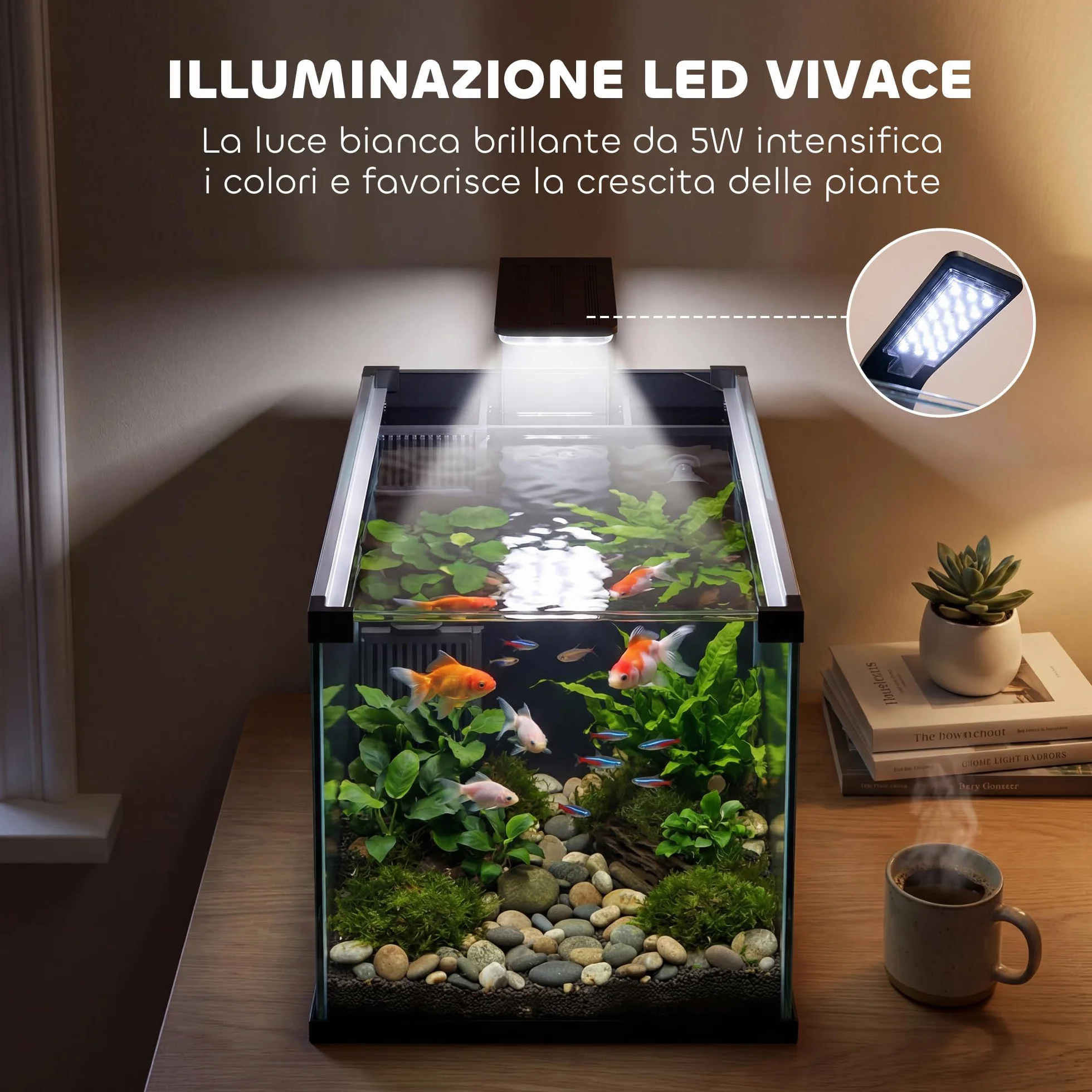 PawHut Acquario in Vetro Temperato 24L, Acquario Completo Piccolo Trasparente con Filtro Integrato, Luce LED e Pompa dell'Acqua per Pesci Tropicali, Pesci Rossi, Casa, Ufficio, 45x25x25.5 cm, Nero