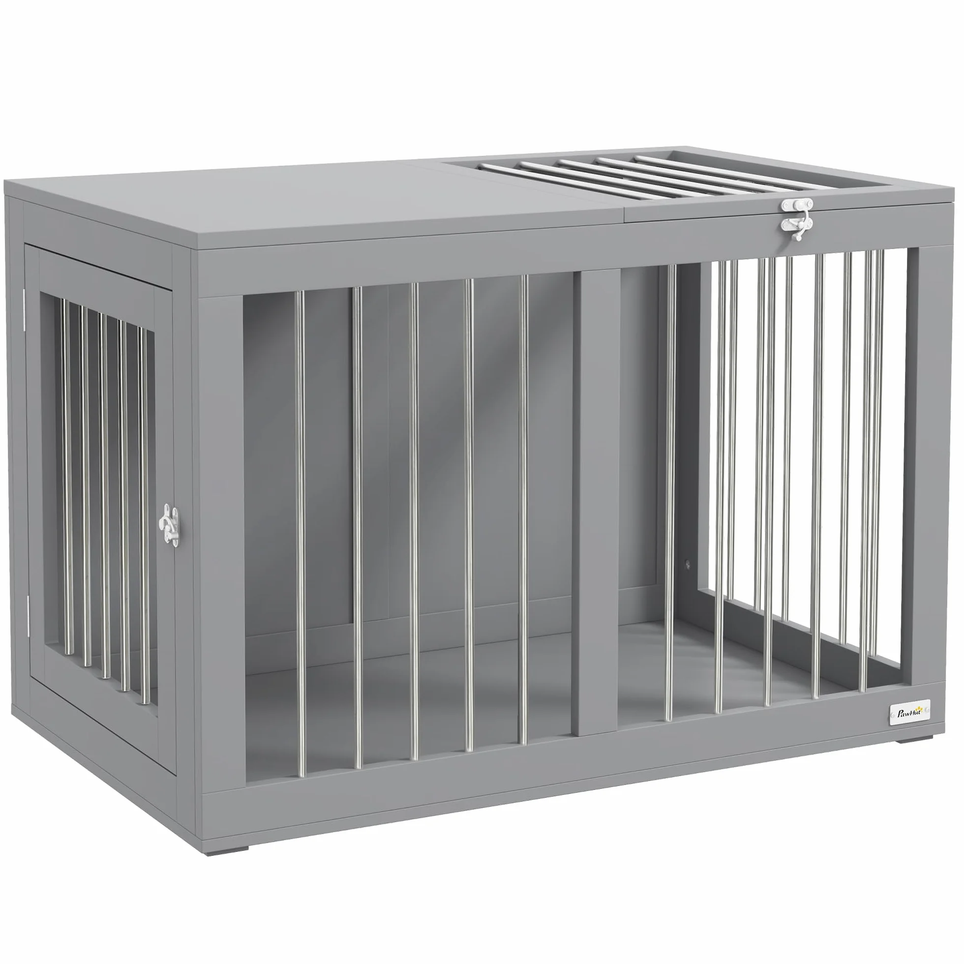 PawHut Cassa per cani da interno 2 porte con serratura buona ventilazione tavolo laterale 80 x 50 x 56,5 cm grigio
