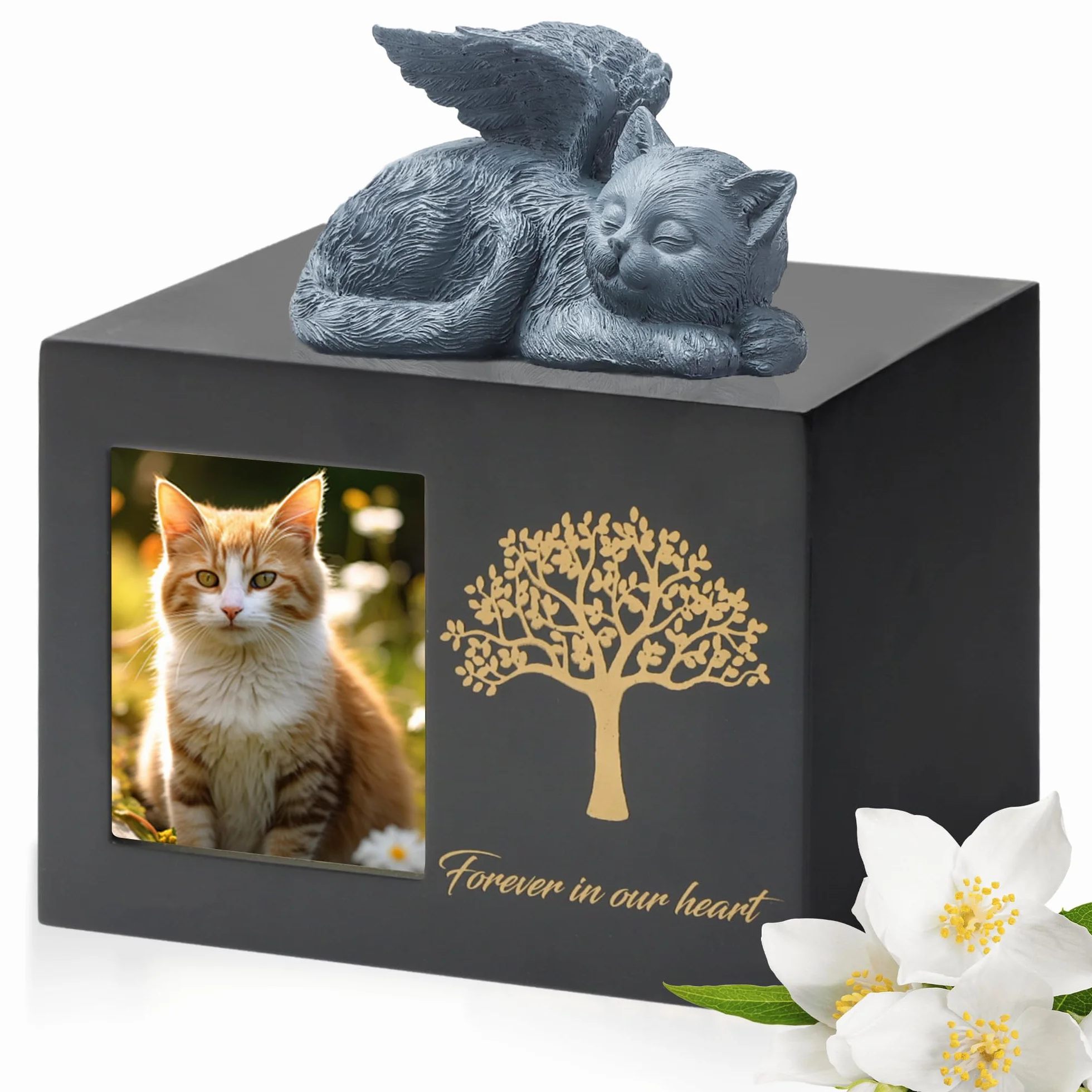 Urna di Cremazione per Gatto - Urna Nera in Legno con Statua di Gatto in Resina