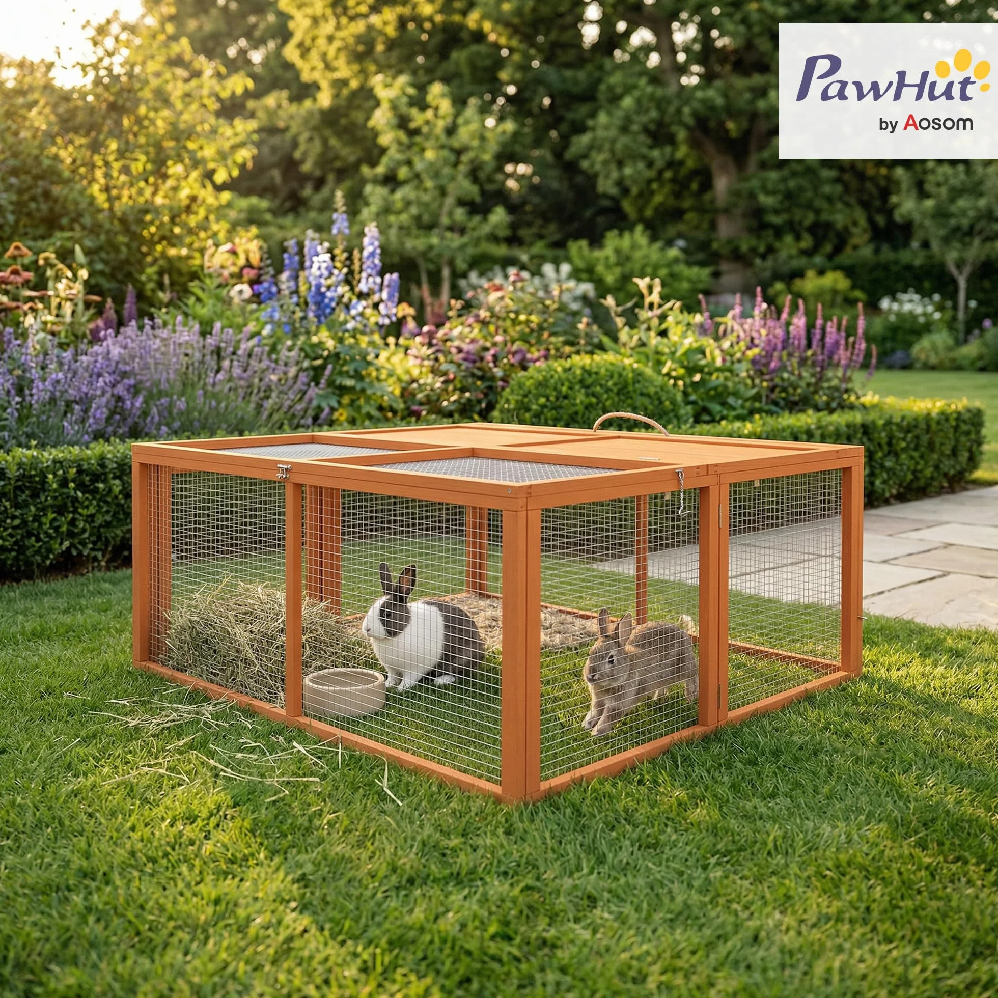 PawHut Conigliera Pieghevole per 2-3 Roditori con Ingressi Multipli, Gabbia per Conigli in Legno e Acciaio, 110x105x50 cm, Arancione