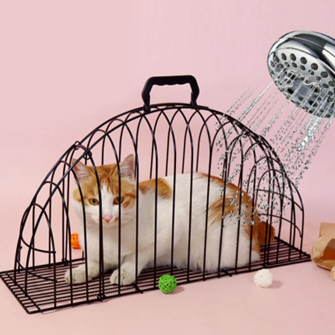 Gabbia per Bagno dei Gatti, Metallo Nero, con Spazzola, Pieghevole | Design Traforato con Chiusura a Fibbia, per Casa e Negozio, Facilita L'asciugatura, Protegge Durante Lavaggio Stile Casuale