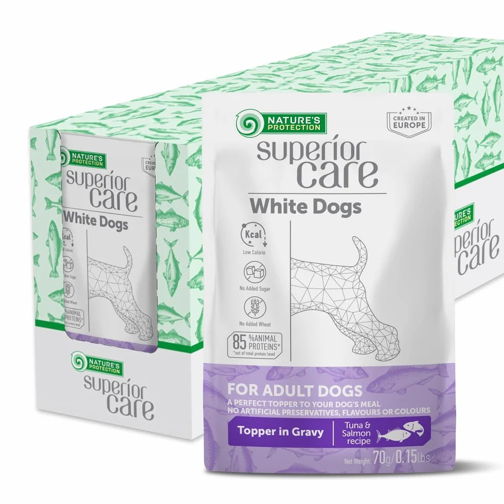 Nature's Protection Superior Care - Cibo umido per cani adulti, tonno e salmone ad alto contenuto proteico in sacchetti di sugo, per digestione sensibile, pelle e pelo sani, di tutte le razze, cani