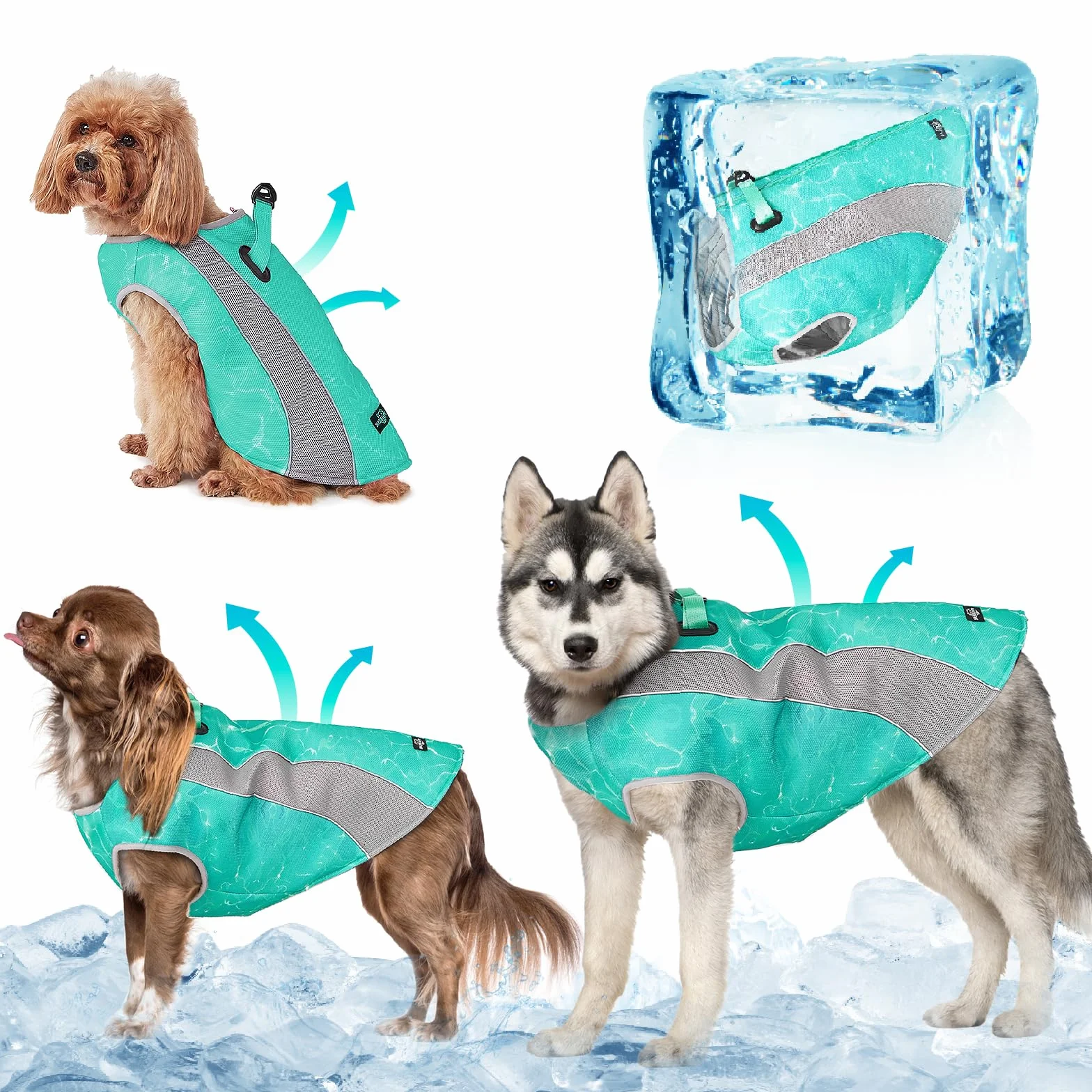 Gilet Rinfrescante Cani Pettorina Refrigerante Cane da Compagnia con Striscia Riflettente di Sicurezza e Cerniera Regolabile Efficace Evaporativo Cappotto Refrigerante Cane All'aperto(Verde S)