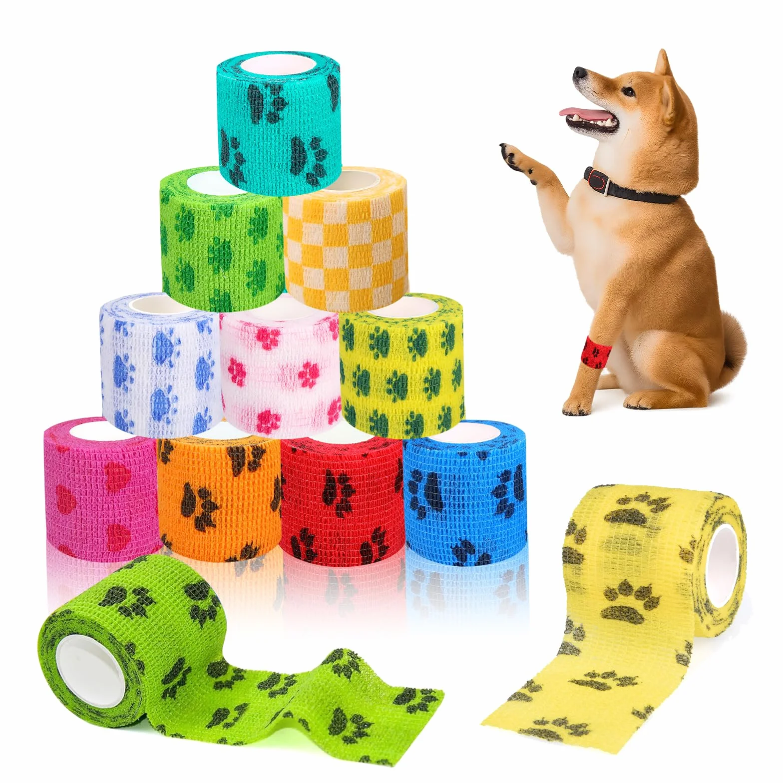 Benda Elastica Autoadesiva, Vet Wrap, Bendaggio Autoadesivo per Cane Gatto Cavallo, 12 Pezzi