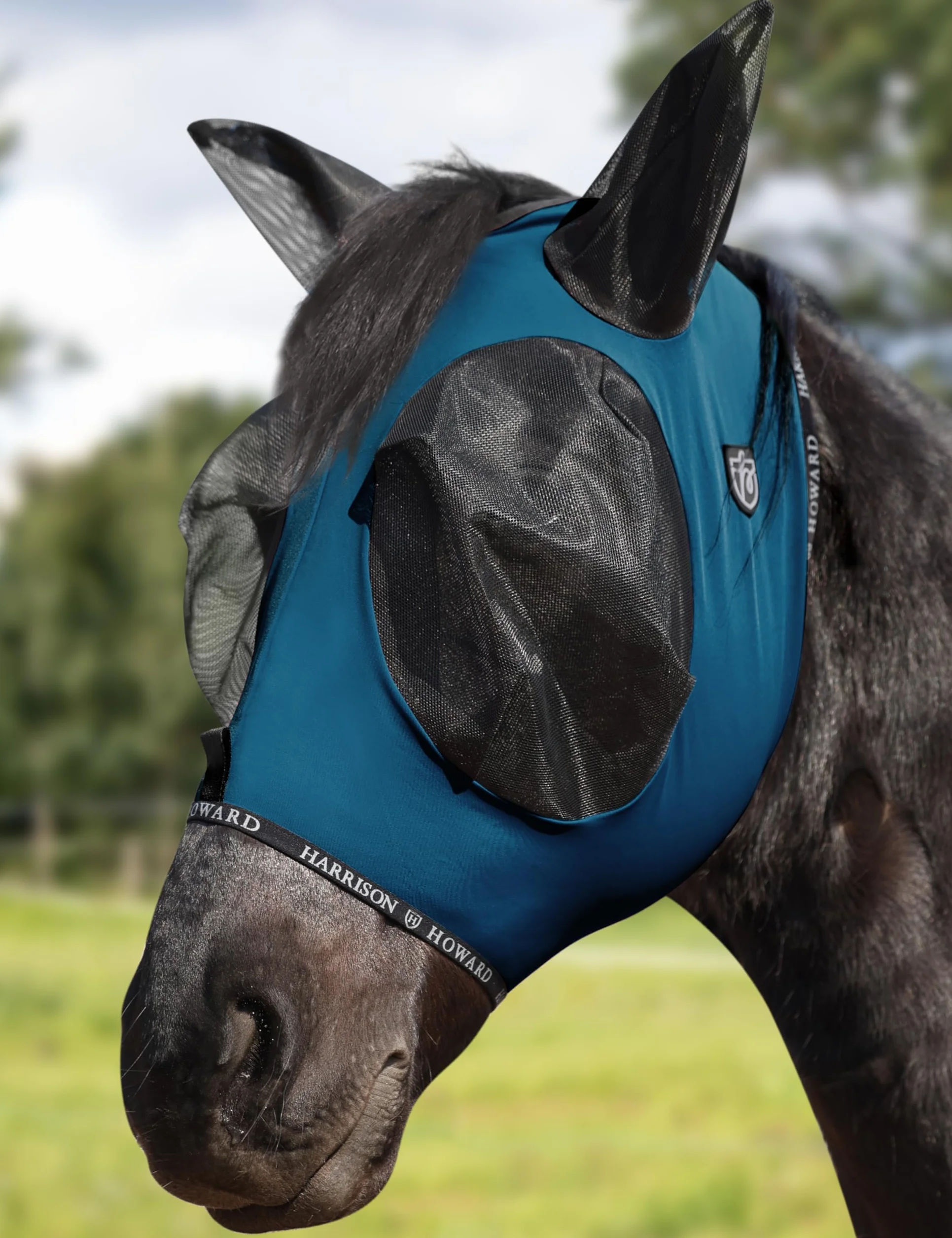 Harrison Howard Maschera antimosche per cavalli con apertura Forelock, traspirante, protezione UV, blu pavone, M