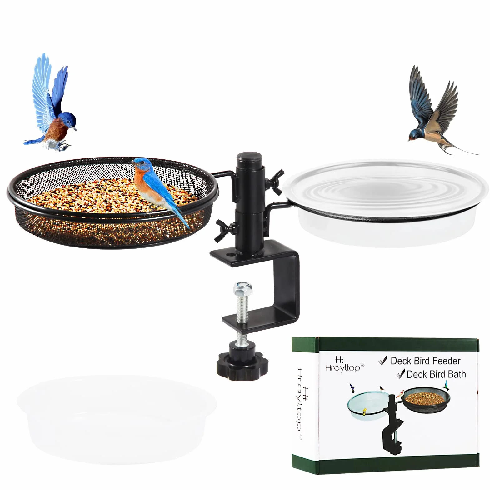 HRAYLTOP Mangiatoia per uccelli con vassoio in rete metallica e ciotola per acqua, rimovibile e regolabile, resistente e robusto supporto per balcone, ideale per attirare gli uccelli