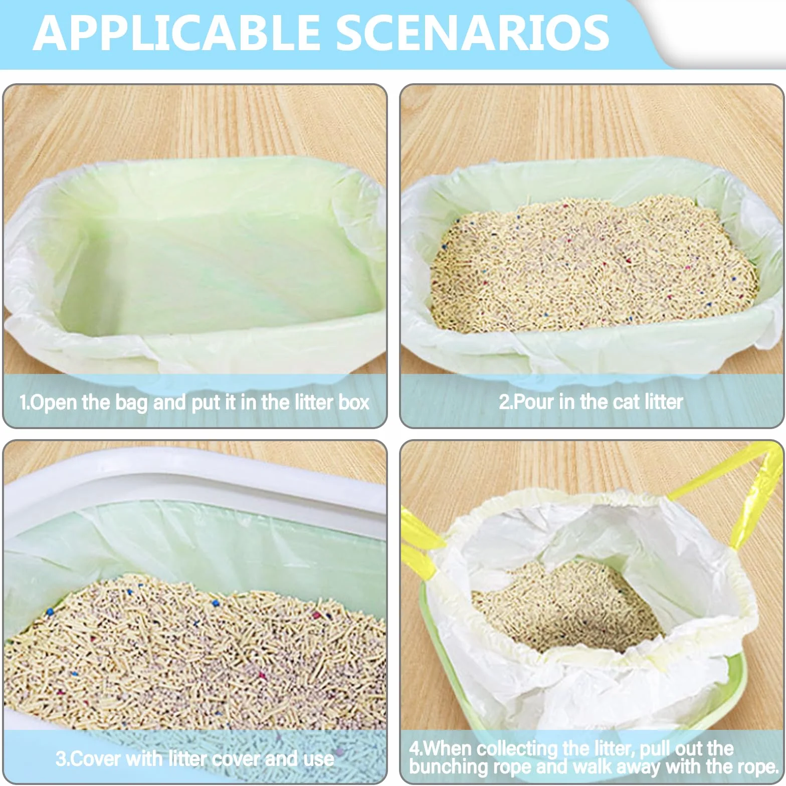 100 sacchetti per lettiera per gatti, 58 x 35 cm, con laccetti, autopulenti, sacchetti per lettiera per gatti, resistenti e antistrappo, a tenuta stagna
