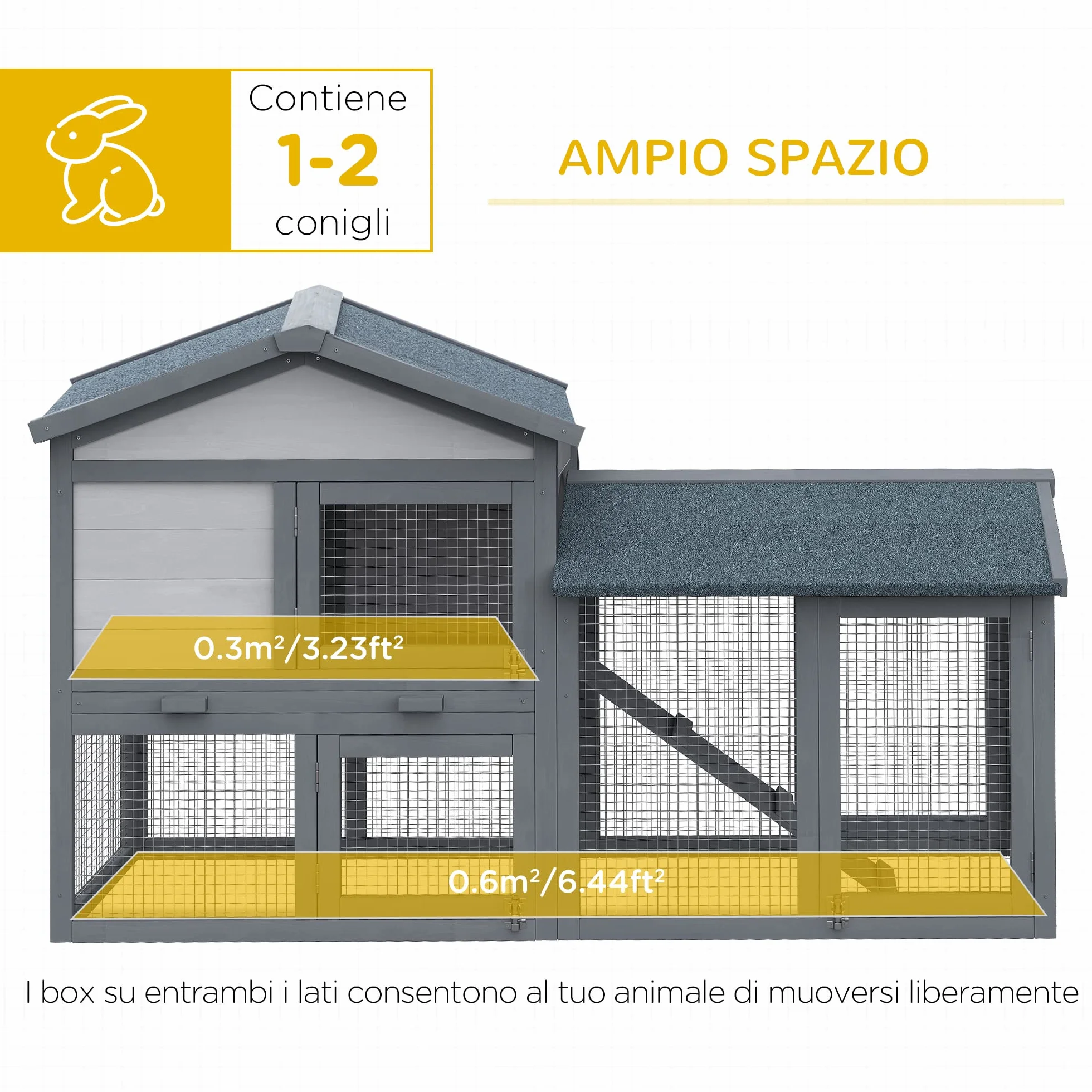 PawHut Conigliera Gabbia per Conigli in Legno da Esterno con Casetta, Spazio Aperto Recintato e Tetto 147x54x84cm