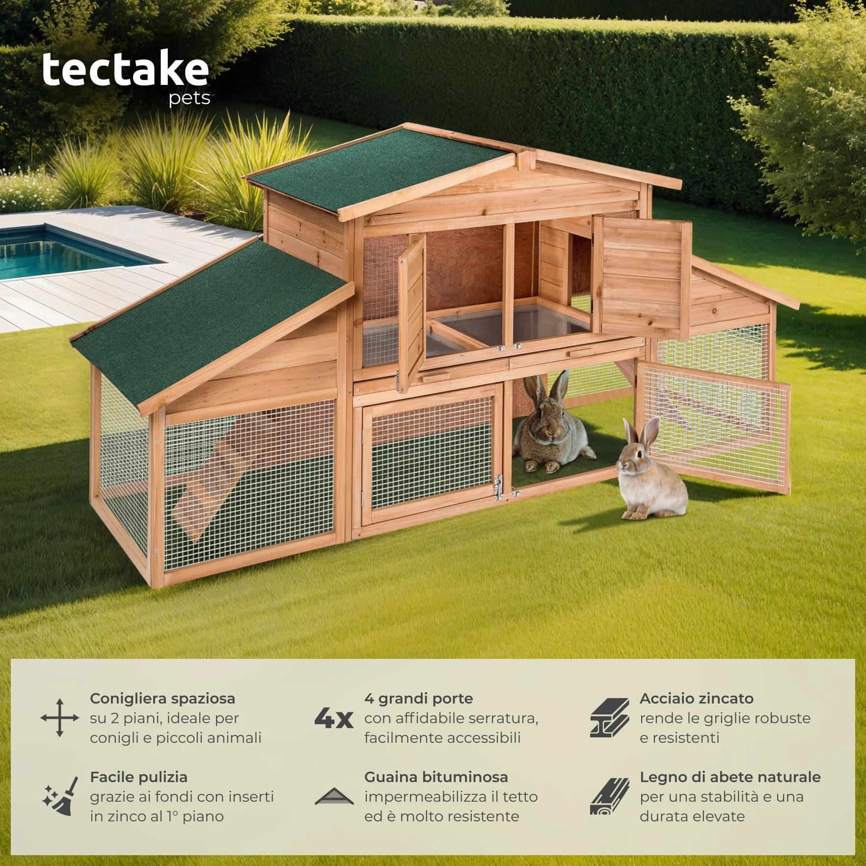 tectake® Conigliera da Esterno, 4 Porte, 2 Piani, 2 Rampe, con Zona Riposo, Tetto Idrorepellente, Recinto Per Conigli, XXL Gabbia Esterno, Casetta, Recinto Piccoli Animali, Legno, 226 x 77 x 95,5 cm