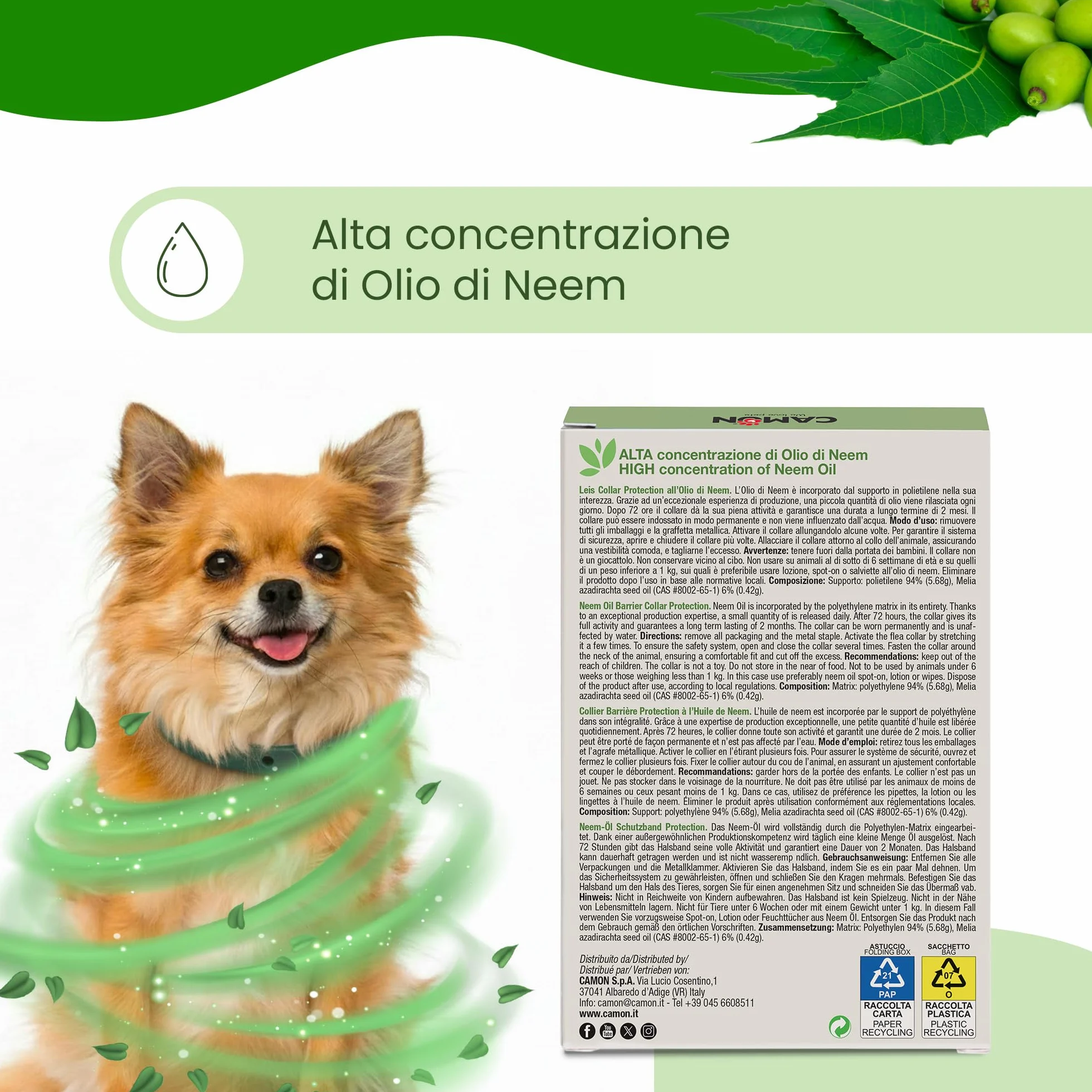 CAMON | Collare Olio di Neem per Cani di Taglia Piccola, 35cm, Protezione Naturale