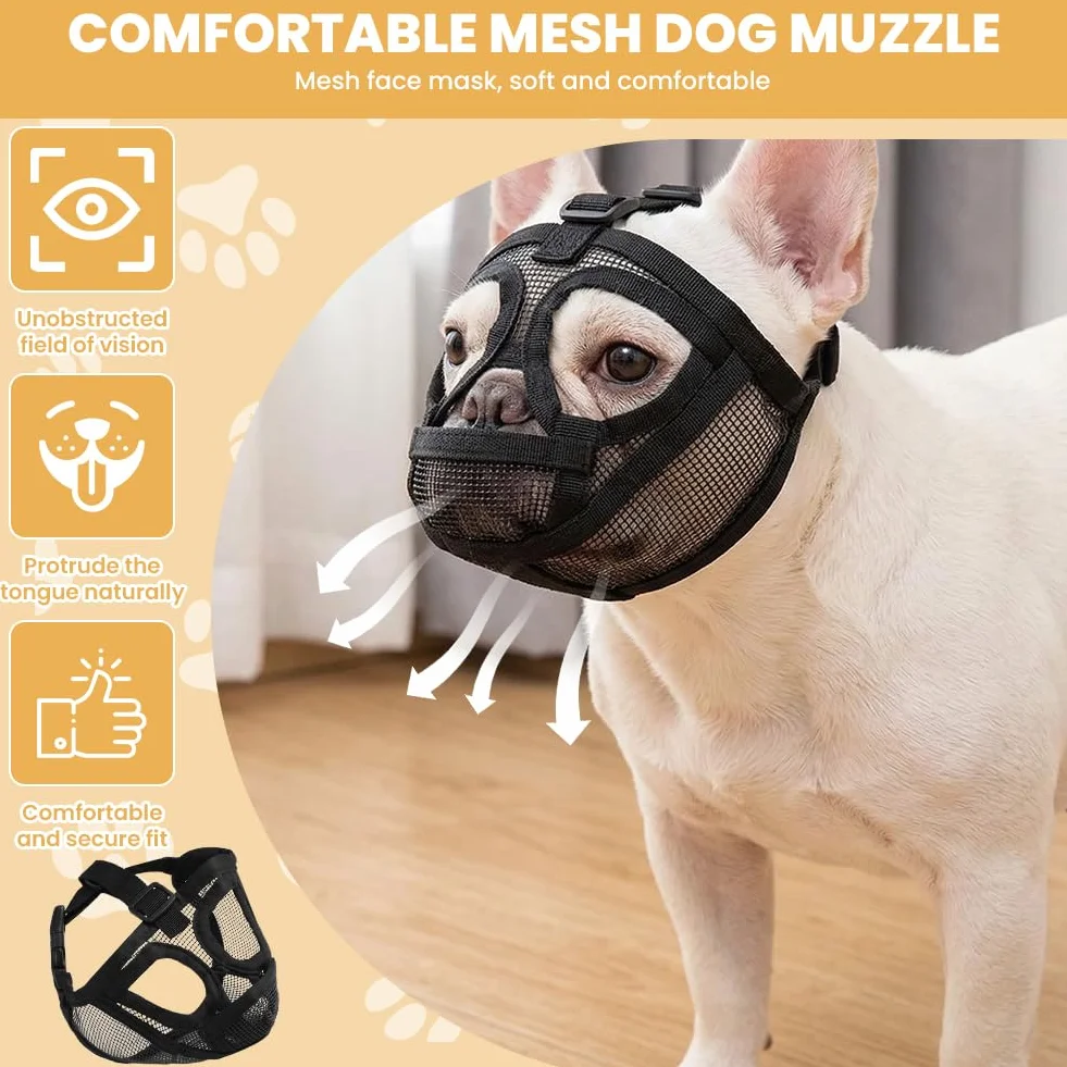AUAUY Museruola per Cane, Museruola Resistente per Cani, Mascherina in Rete Traspirante, Prevenire i Morsi alla Corteccia, Museruolas per Shih Tzu e Bulldog inglesi, Acqua e Cibo Consentiti (Nero, S)