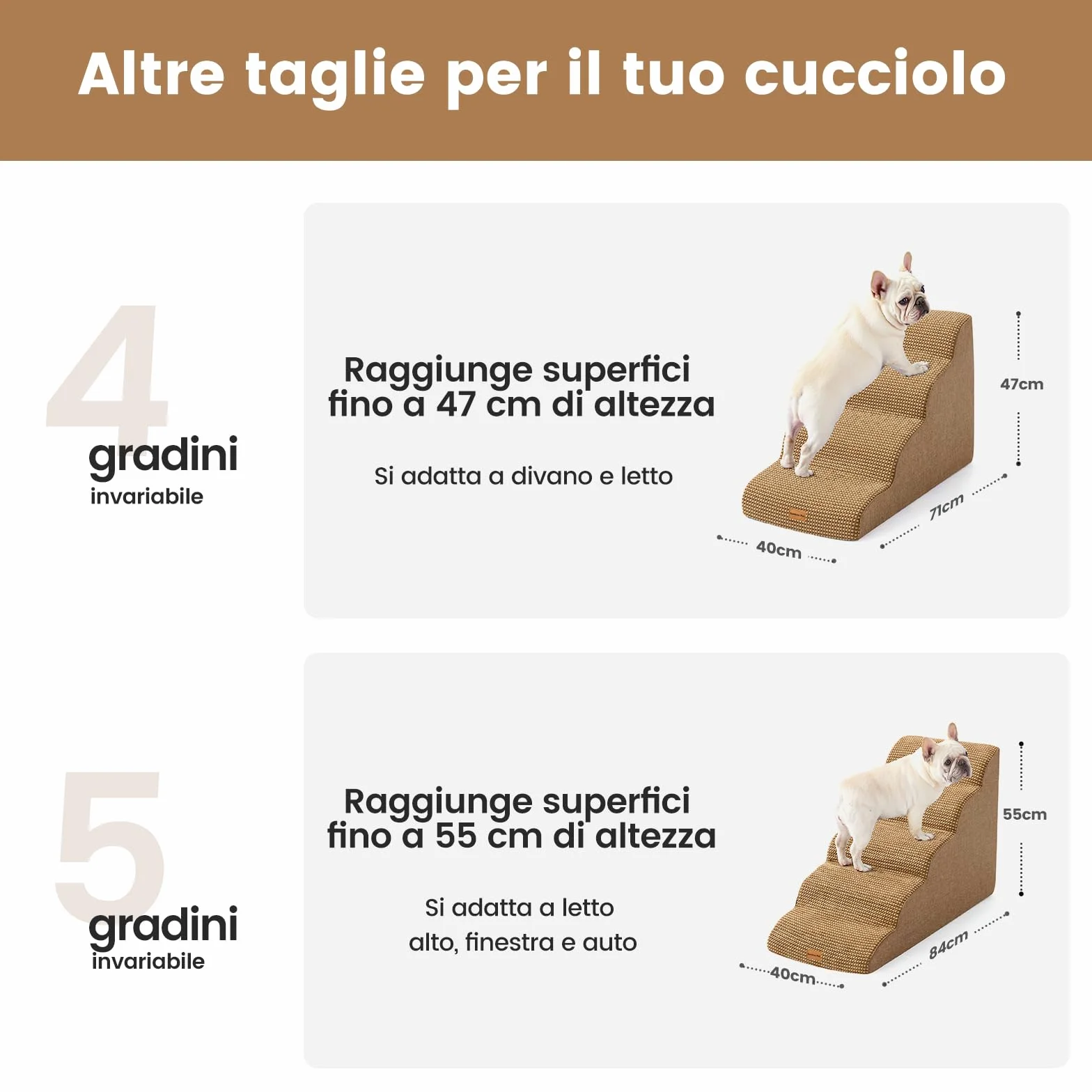 Gardner Pet Scala per Cani Piccoli 5 Gradini, Scaletta per Cani Lavabile Alta 55 cm, Rampina in Schiuma con Rivestimento Antiscivolo e Impermeabile per Letto, Divano e Auto, Marrone