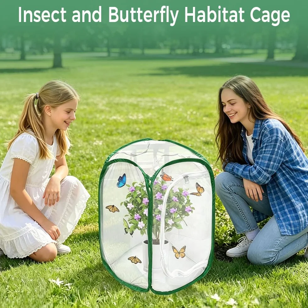 Gabbia per Insetti e Farfalle, 40×40×60 cm Gabbia per Farfalle Pieghevole, Gabbia per Habitat Farfalla con Cerniera e Maniglia, Gabbia per Insetti Portatile Pop-up per Piante, Insetti