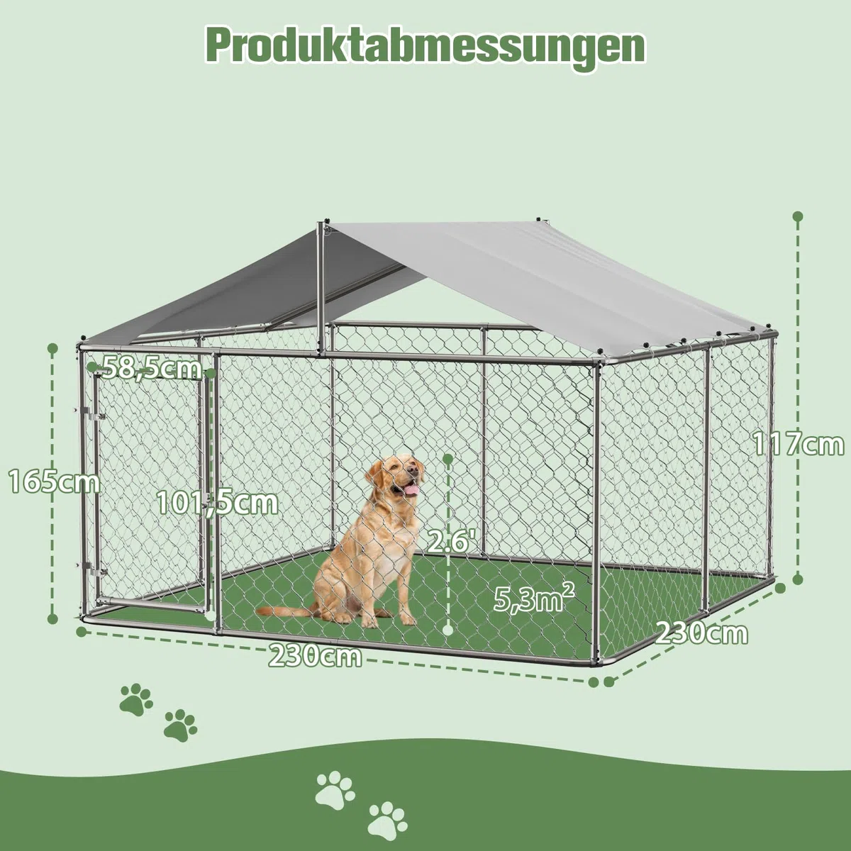 Cuccia per cani da esterni, 230 x 230 cm, con tetto e lucchetto, stabile beccuccio per cani in acciaio zincato con telo protettivo per giardino e terrazza