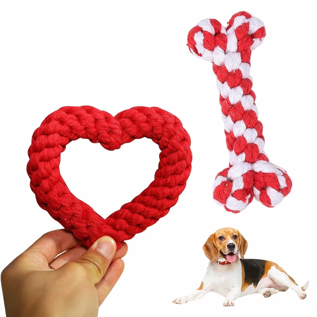 2 PCS Giocattoli per Cani Resistenti, Gioco a Forma di Cuore in Corda Intrecciata, Realizzato in Cotone, Pulizia Dentale, Gioco Interattivo per Cani di Taglia Piccola e Media