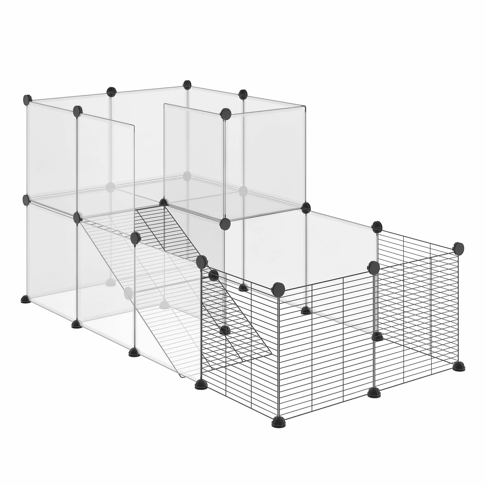 PawHut Recinto per Animali di Piccola Taglia Modulabile con Pannelli e Accessori, Gabbia per Roditori da Interno in Acciaio e PP, 140x70x70 cm, Nero
