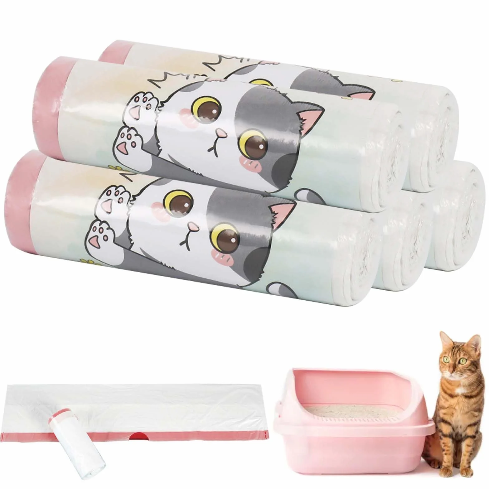 25 pezzi/5 rotoli da 114 x 45 cm, sacchetti per lettiera per gatti con laccetti, sacchetti per lettiera autopulenti, capacità di carico 10 kg, per il trasporto, per la spazzatura, resistente agli
