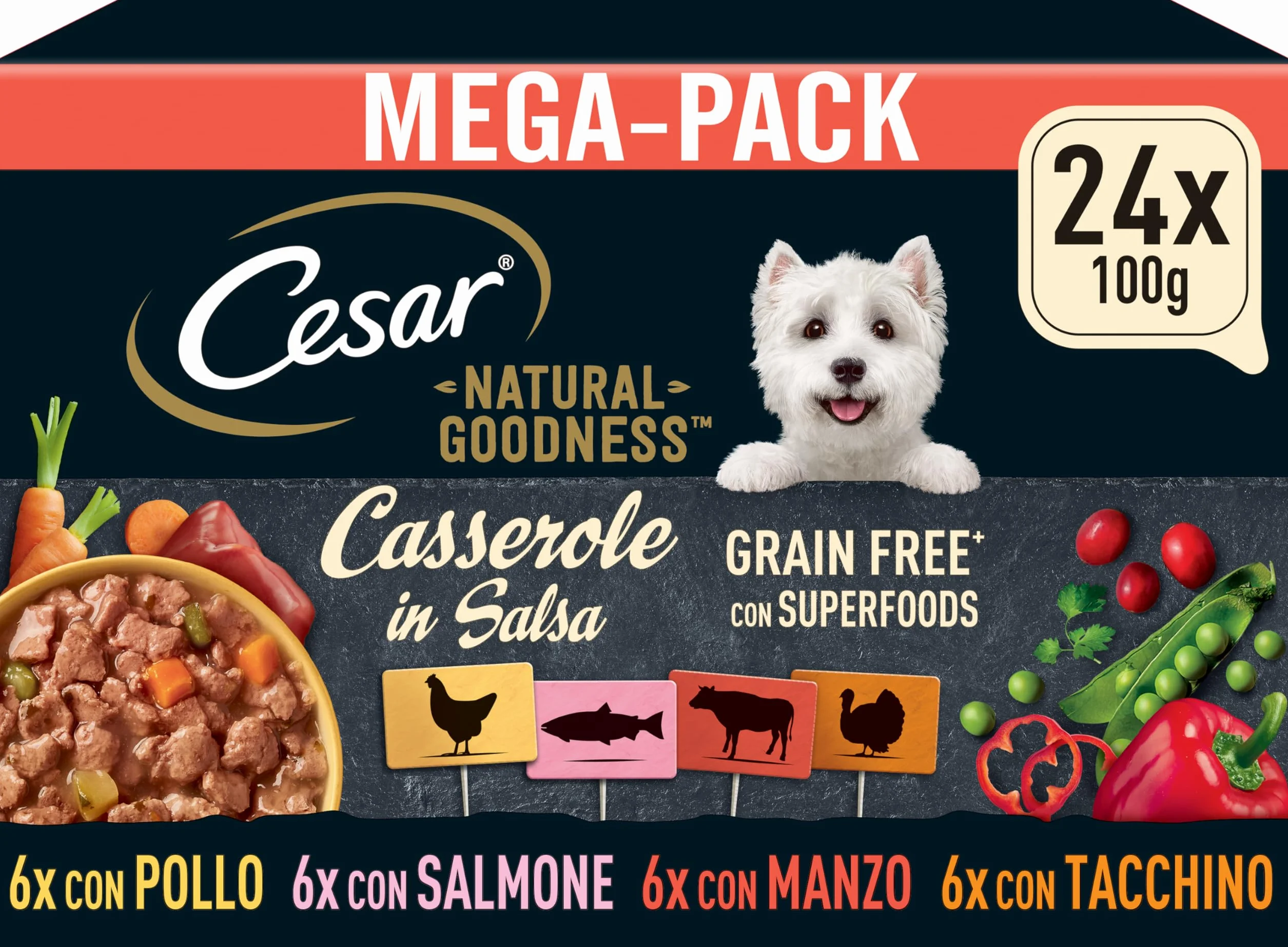 Cesar Natural Goodness Casserole Cibo Umido per Cani al gusto di Pollo, Tacchino, Manzo e Salmone in Salsa, 24x100g