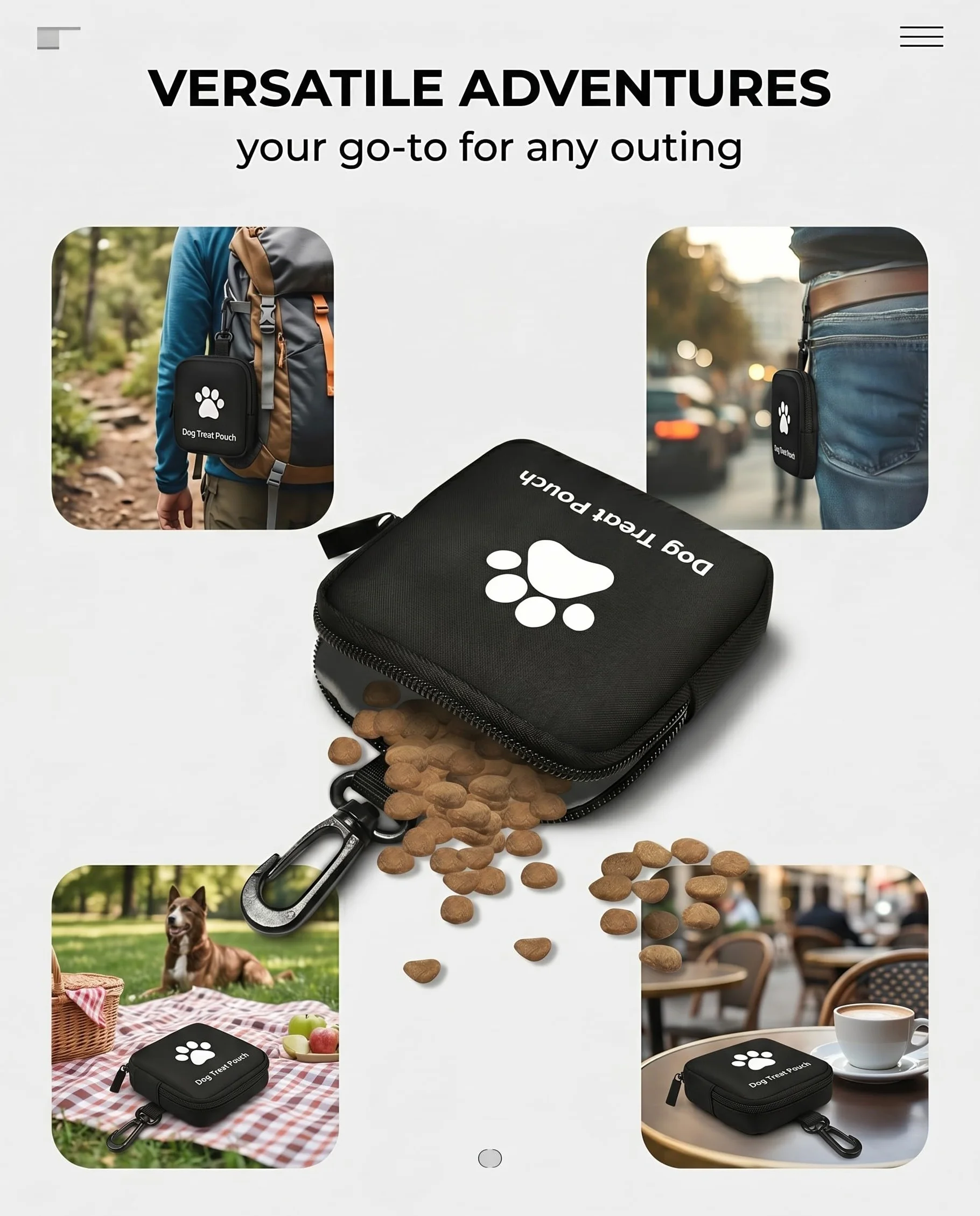 1 sacchetto per snack per cani, sacchetto per snack per cani con chiusura a zip, design con impronta di zampa e portachiavi, borsa per addestramento, per viaggi e attività all'aperto.