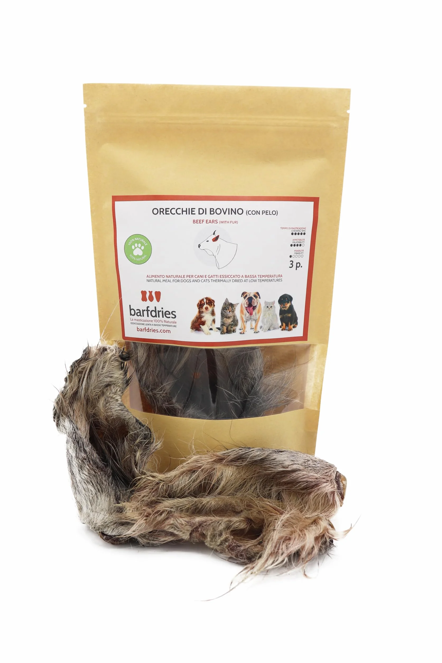 Orecchie di Bovino con pelo, alimento naturale per Cani e Gatti essiccato a bassa temperatura. Confezione da 3 pezzi