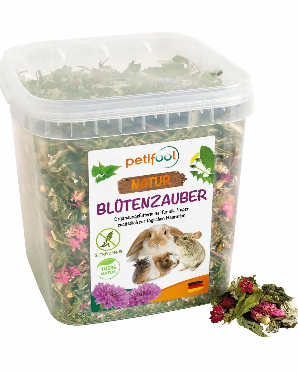 petifool Blütenzauber 360 g – Mangime complementare per roditori – cibo naturale per conigli, porcellini d'India, criceti, cincillà e molto altro ancora – senza additivi artificiali – 100% naturale