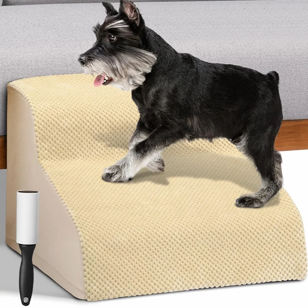 BAKAJI Scala per Animali Domestici con 2 Gradini e Rullo Rimuovipeli, Rivestimento Sfoderabile in Tessuto a Coste, Rampa per Gatti e Cani Anziani, Scaletta Imbottitura Schiuma Alta Densità (Beige)