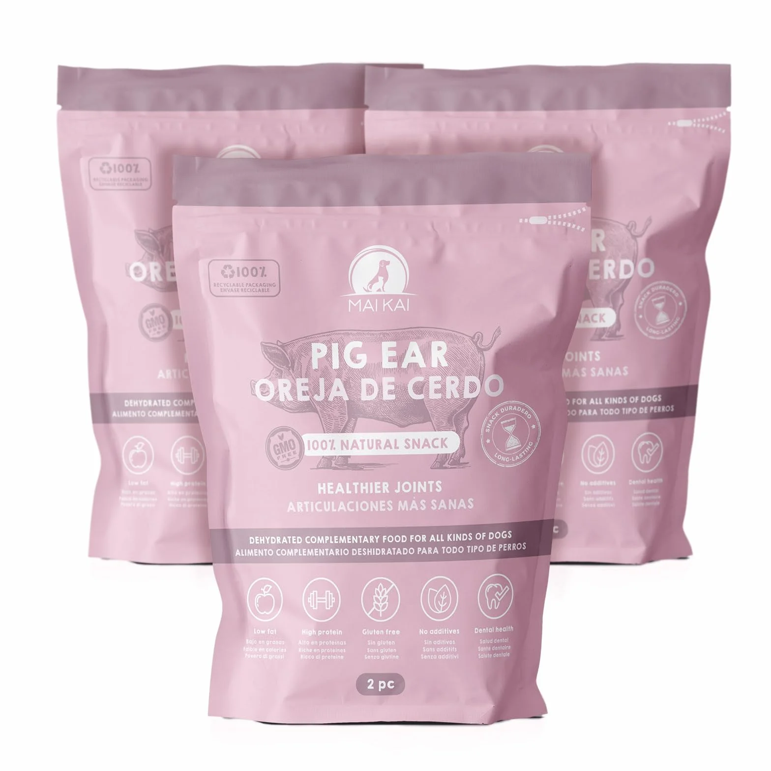 MAIKAI Confezione da 6 Pezzi Orecchie di Maiale per Cani - Premietti Naturali 100% Essiccati Interi -Masticativi per Denti Sani - Snack per Cani Taglia Media e Grande + Dieta Barf