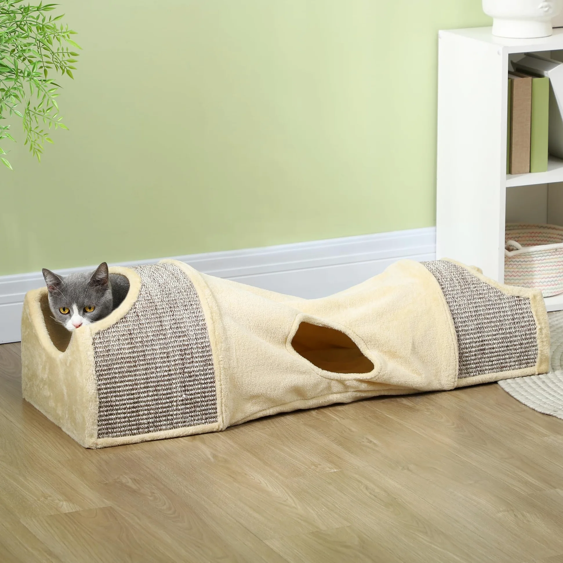 PawHut Tunnel per gatti in peluche 107x38x29 cm Beige+Grigio | Con 2 case, 3 aperture, Tunnel da gioco pieghevole (sisal), Design combinato