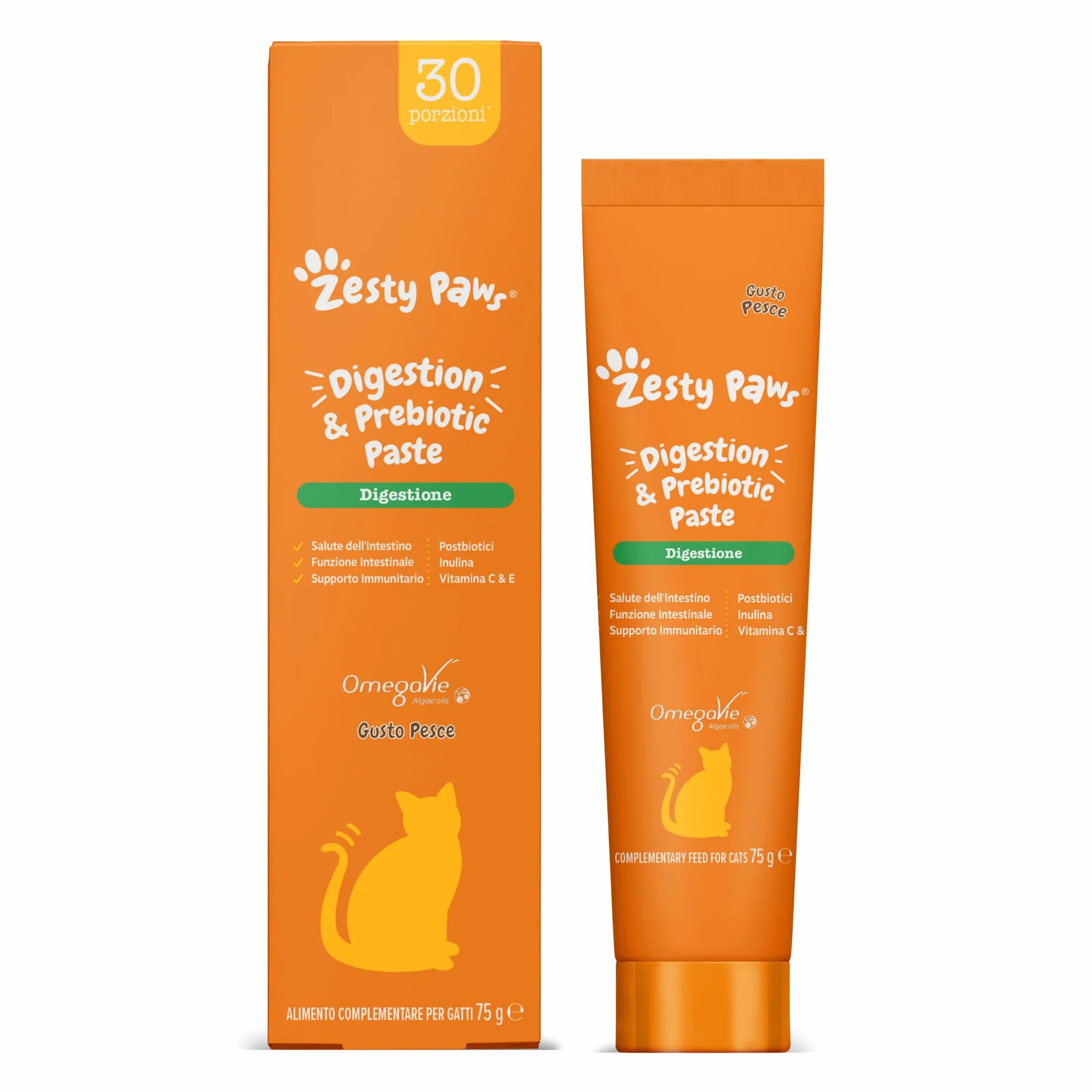 Zesty Paws Digestion & Prebiotic Paste - Digestione - per Gatti – Supporta Salute Intestinale e Sistema Immunitario – con Postbiotici, Inulina, Olio Algale e Vitamine C ed E – Gusto Pesce – 75g