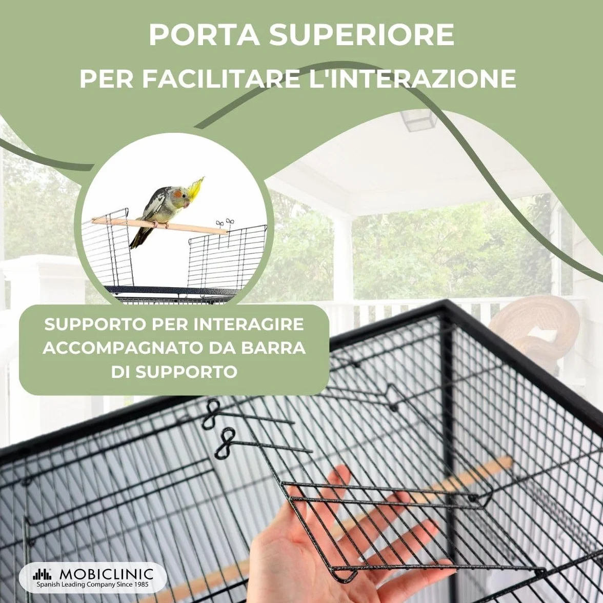 Mobiclinic®, Gabbia per Uccelli, XL, Ruote il Trasporto, Freni, Apertura superiore, Vassoio Rimovibile, 8 Porte, Grandi dimensioni, 95x43x61,5 cm, Mangiatoie, Abbeveratoi, Posatoi, Ninfa