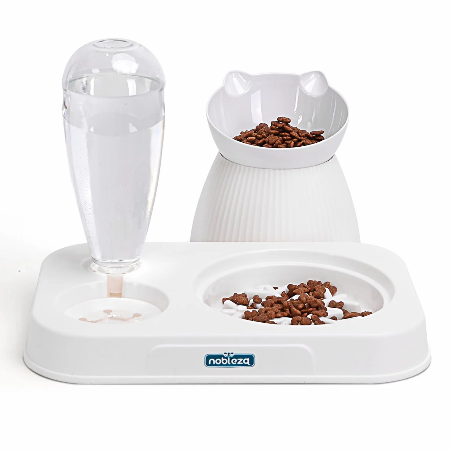 Nobleza Ciotole per Gatti Rialzate, Set 2 in 1 con Dispensatore Automatico Acqua e Feeder Lento, Inclinazione 15°, Bianco