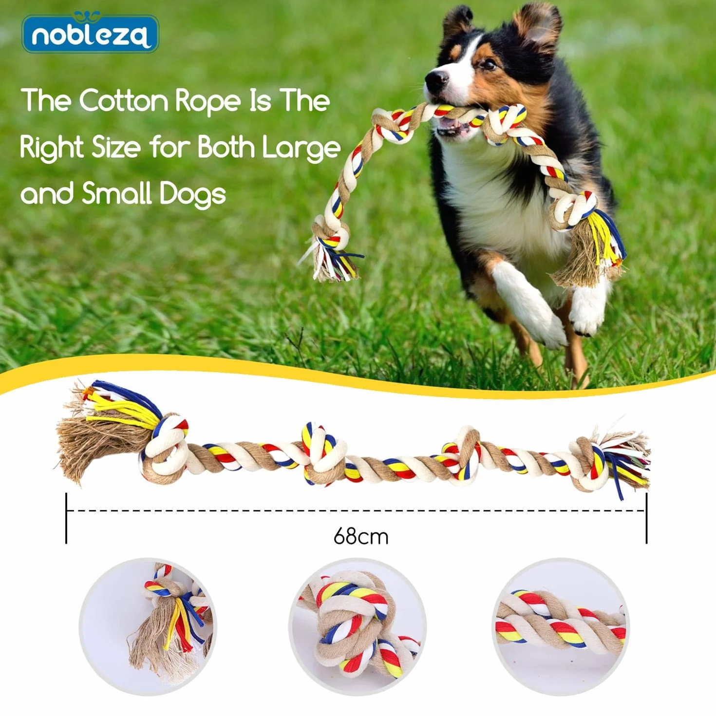 Nobleza - Corda giocattolo per cani in 100% cotone, benefica per la salute mentale del cane ， Salute dentale e pulizia dei denti ， Miglior regalo per tutti i tipi di cani （Beige e marrone）- 68cm