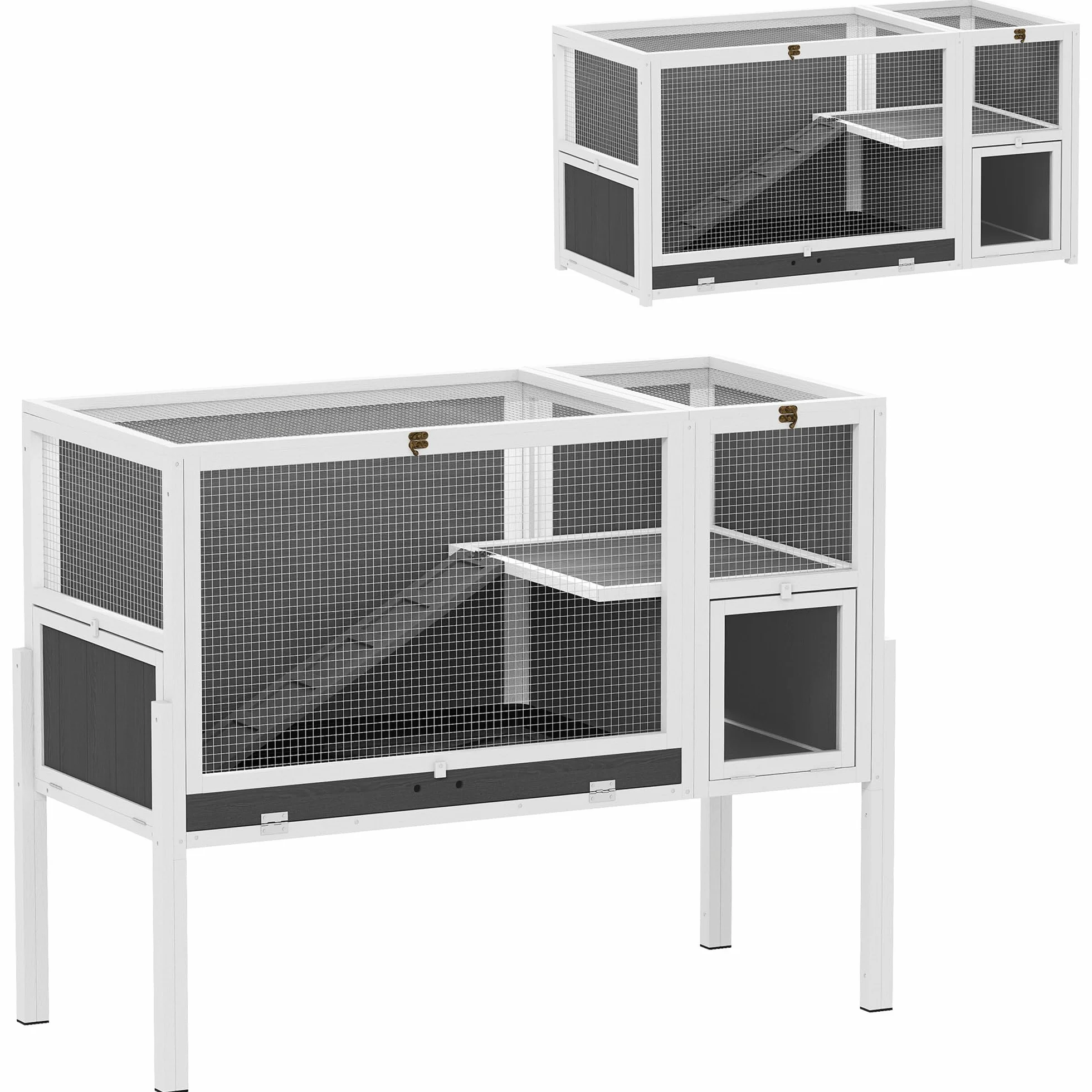 PawHut Gabbia per Conigli da Interno Convertibile, Conigliera in Legno Rialzata con Vassoio Estraibile e Tetto Apribile, per Criceti, Criceti Siriani, Gerbilli e Porcellini d'India, Grigio