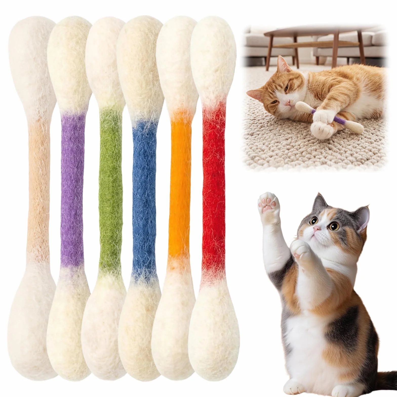 Cotton fioc Giocattoli per Gatti con Erba Gatta, Confezione da 6 Bastoncini Giganti per Masticare i Cuccioli, Giocattoli Interattivi in Feltro, Corda per Denti Resistente, Ideali per Gatti Interni