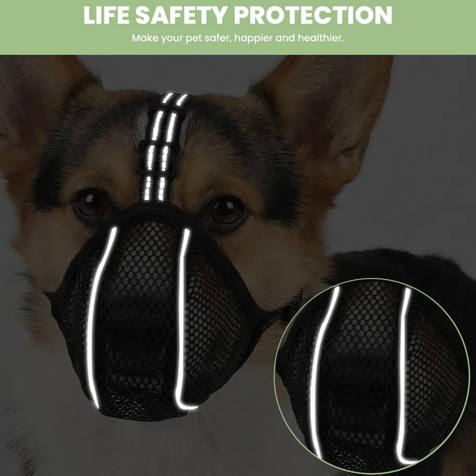 AUAUY Museruola per Cane, Museruola Riflettente Regolabile, Materiale a Rete Morbido, Impedisce di Mangiare e Leccare, Museruolas Anti-Morso e Anti-Abbaio per Diverse Razze Canine (Nero,XL)