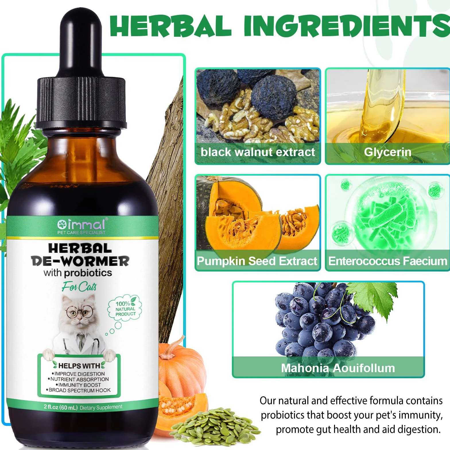 Trattamento per vermi per gatti – 60 ml gocce per vermi di gatto – Vermi di erbe con Probitici – Migliorare la digestione, la spinta immunitaria – Antiparassiti – Vermi a banda larga – Sicuro