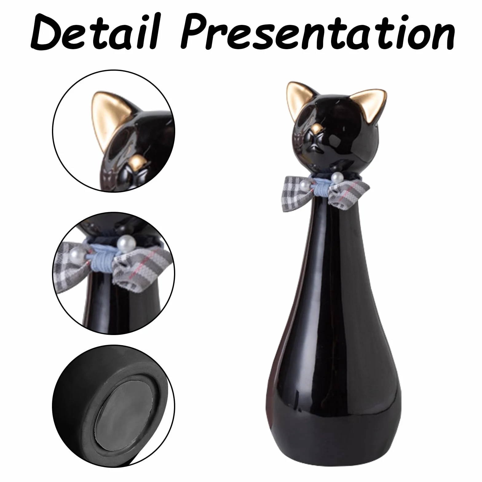 Urna per Gatti in Ceramica 9,5x9,5x25,5 cm 550 ml Nera con Collare a Fiocco