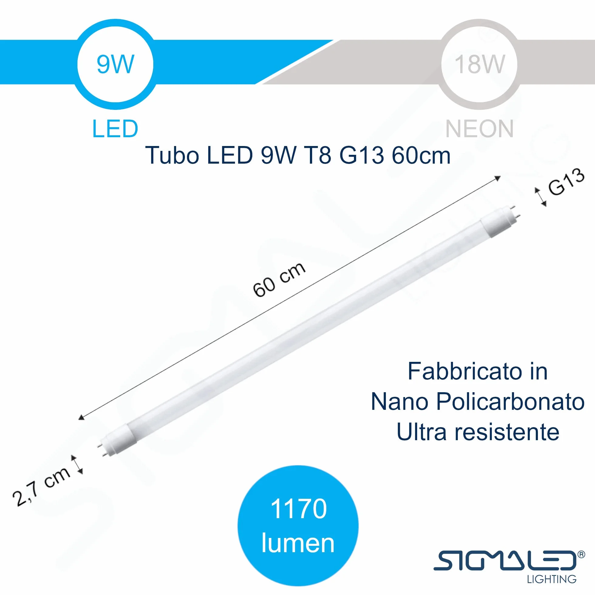 Sigmaled lighting - TUBO LED T8 G13 60cm 9W PROFESSIONALE - Alta efficienza 1170lm (130lm/W) - Luce bianca FREDDA 6000K - Sostituisce neon 18W - Fascio 300° - LED starter fornito - PACK da 10