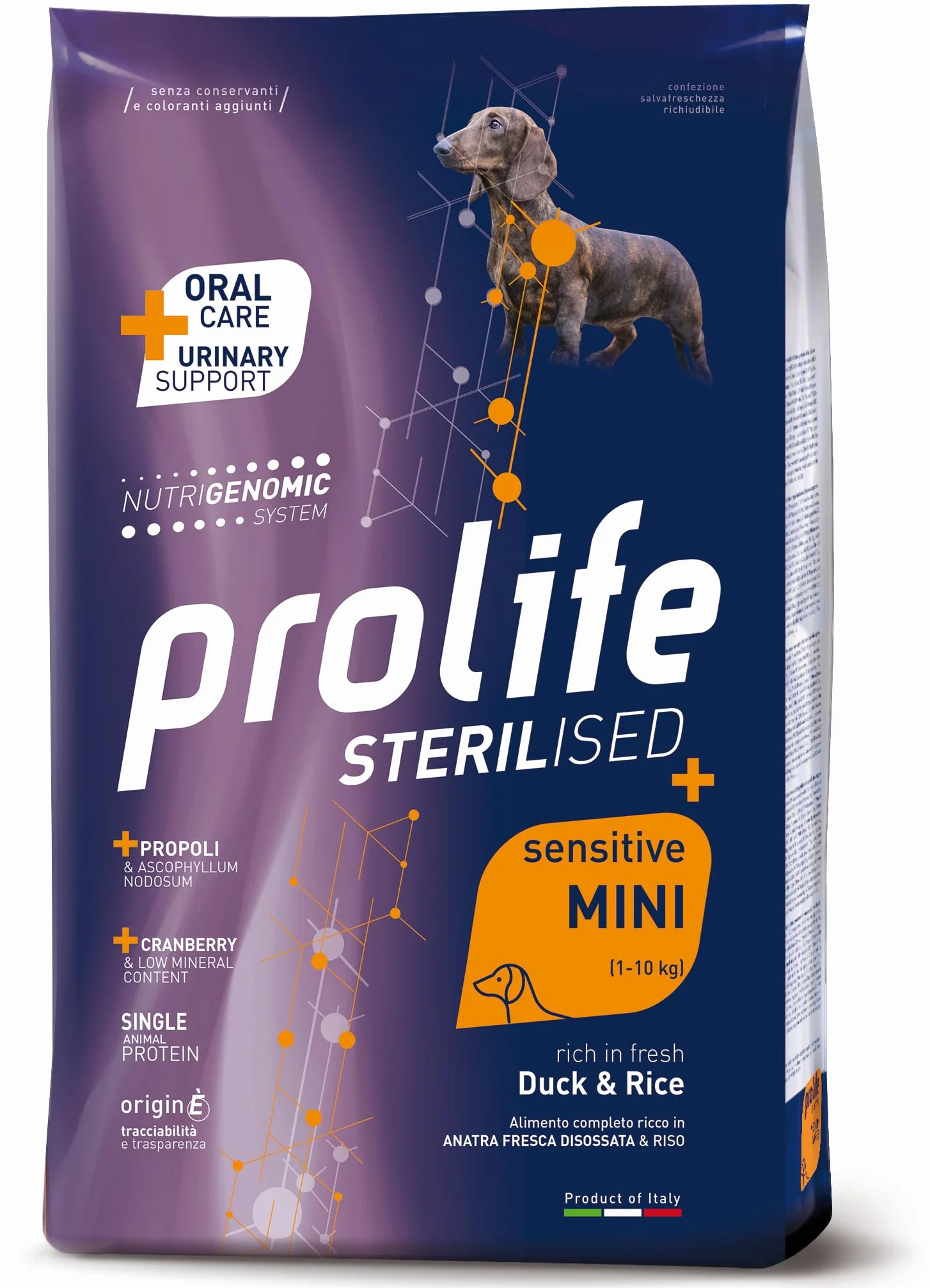 PROLIFE Cane Sterilised Sensitive Adult Duck & Rice - Mini | alimento secco completo per cani adulti sterilizzati e/o sensibili di taglia piccola, prodotto monoproteico, 1 confezione da 2kg.
