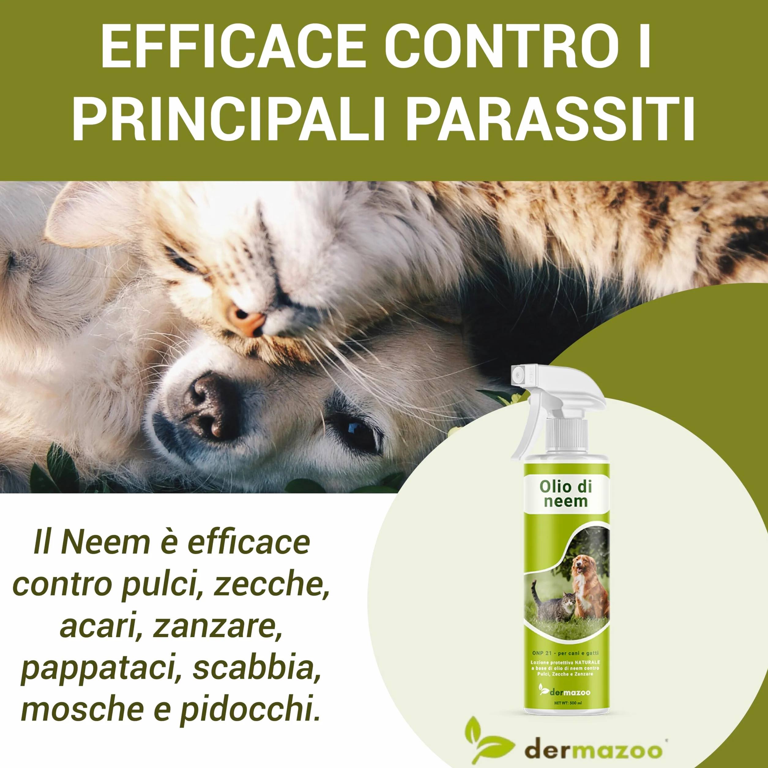 Olio di Neem per Cani Gatti e Cavalli 500 ml, Spray Antiparassitario Naturale per Cani, Olio di Neem per Animali Domestici, Spray Repellente, Antizanzare Cane e Gatto, Made in Italy