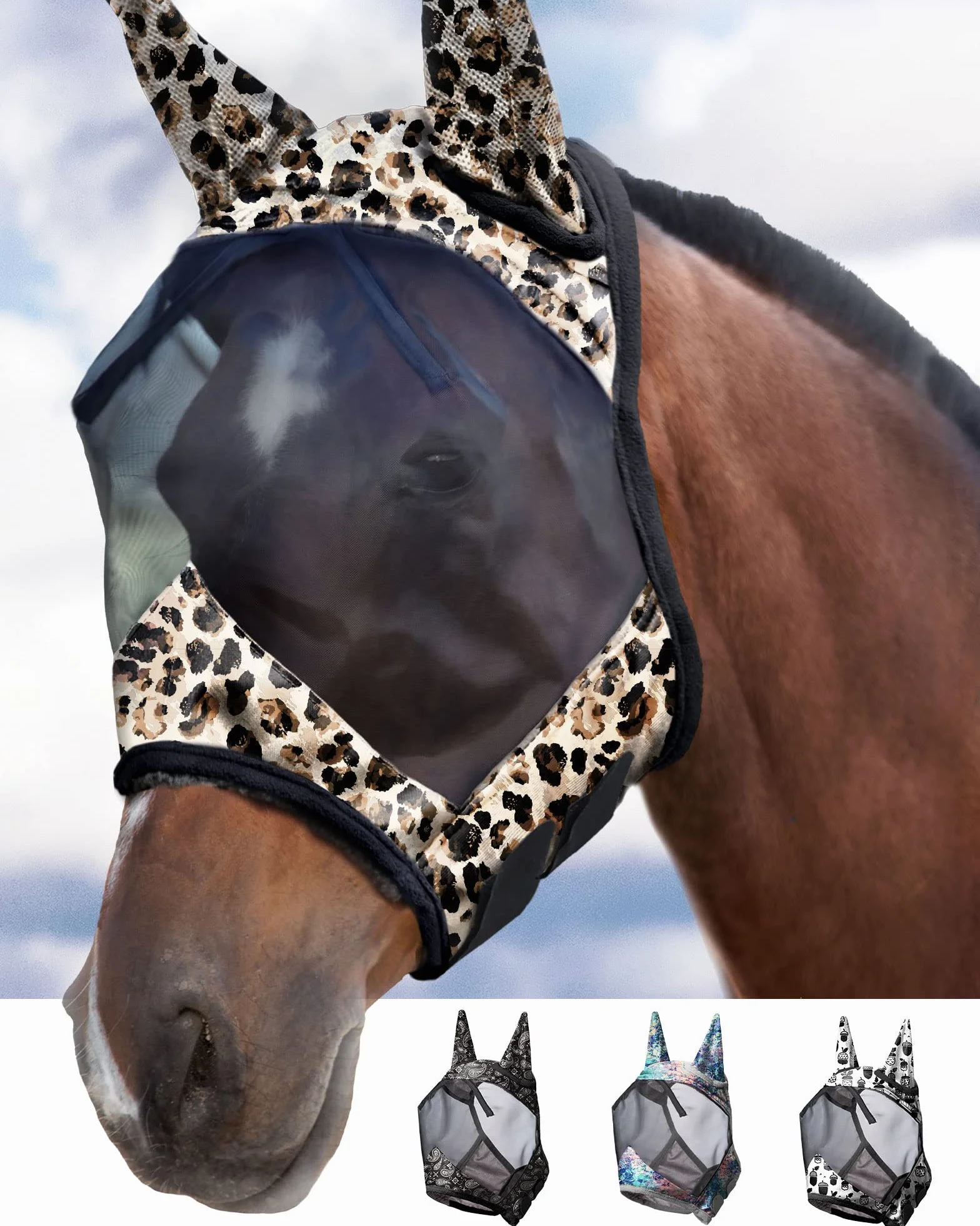 Harrison Howard CareMaster Maschera da mosca del cavallo Standard con le orecchie Protezione UV Leopardato M
