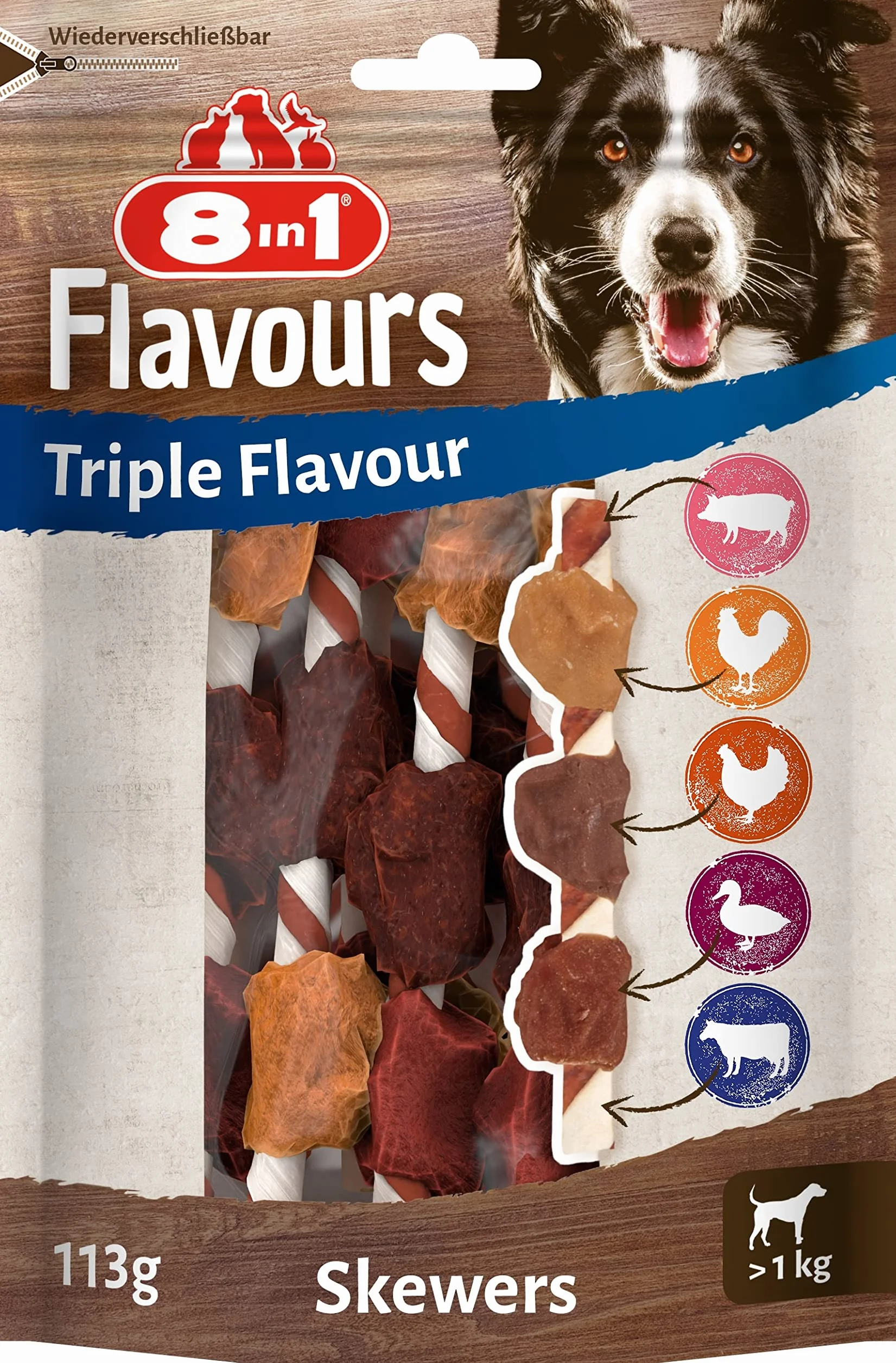 8in1 Triple Flavour Skewers Bastoncini da masticare per cani - Snack da masticare con carne extra, confezione da 113 g (ca. 6 pezzi)