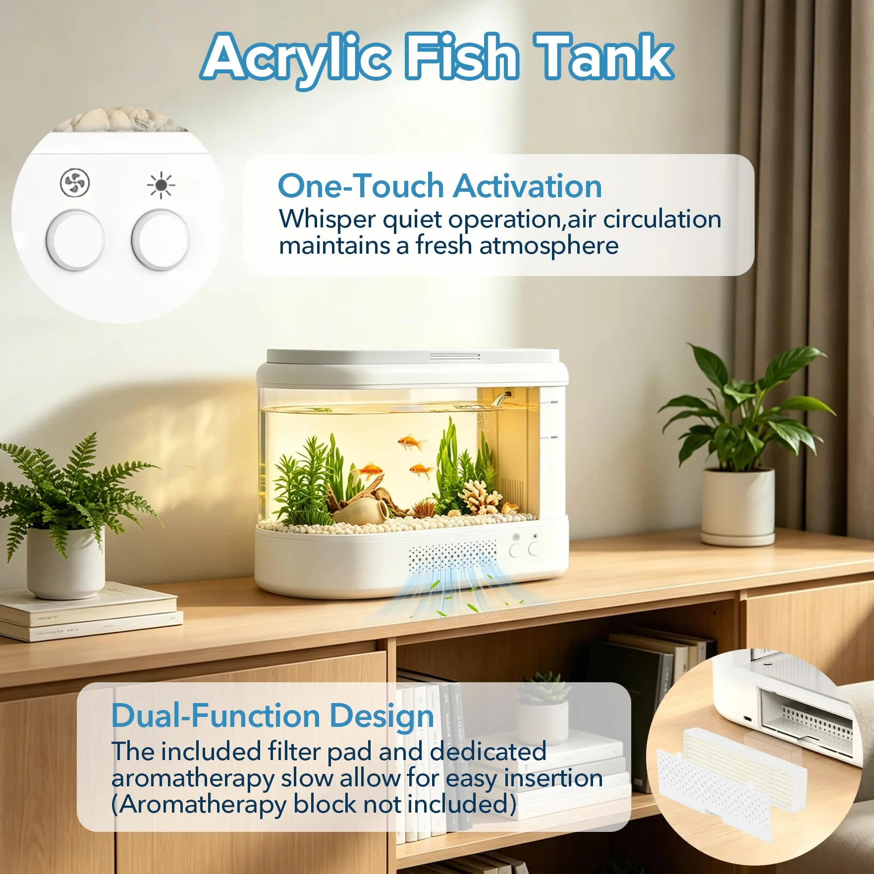3,7L Mini Acquario Completo,Bianco Acquario in Acrilico con Sistema di Filtraggio e Illuminazione a LED, Piccolo Aquario da Tavolo per Betta,Pesci di Piccole Dimensioni, Piante e Gamberetti