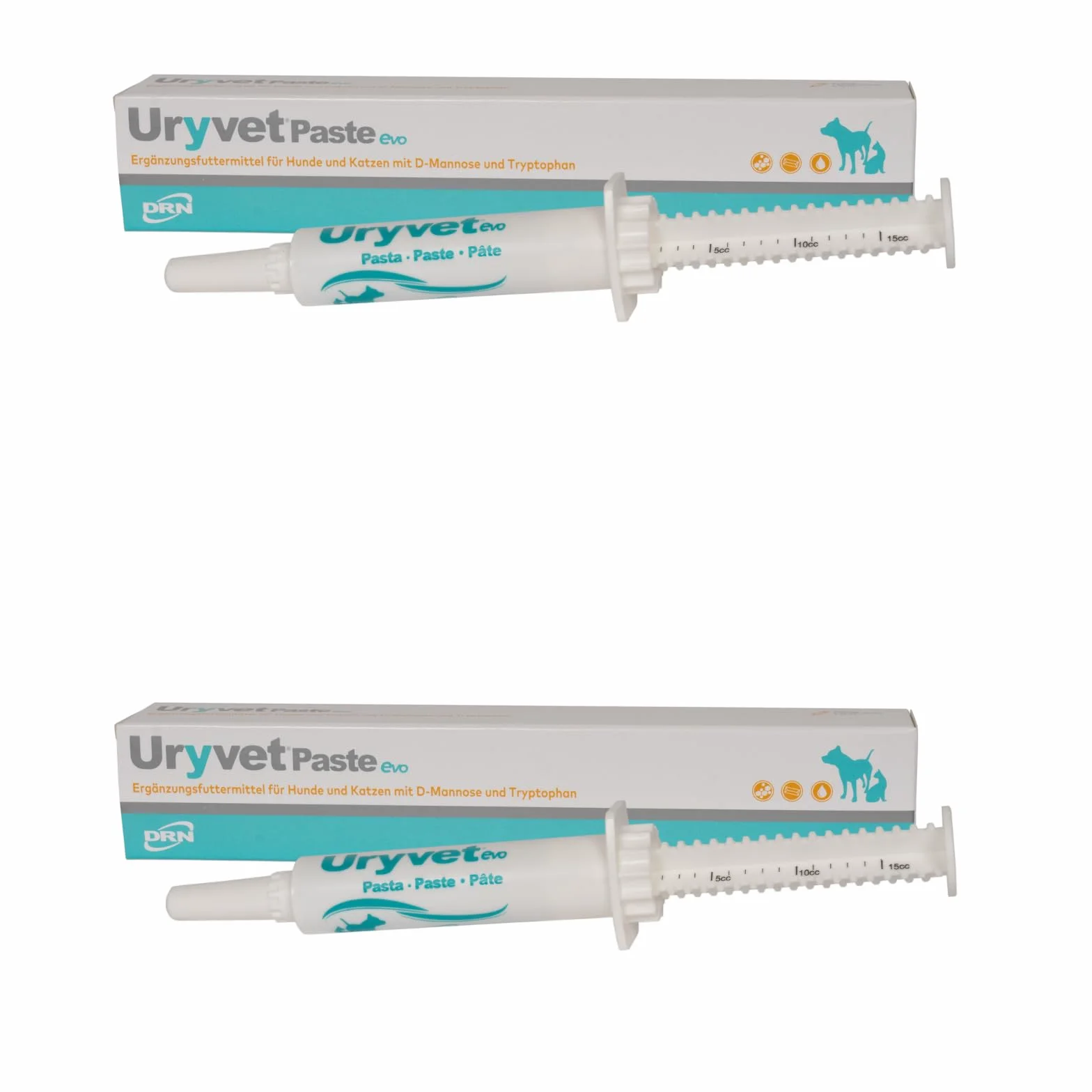 DRN Uryvet Pasta evo | Confezione doppia | 2 x 15 ml | Mangime complementare per cani e gatti | Per sostenere la salute del tratto urinario | Con D-mannosio e triptofano