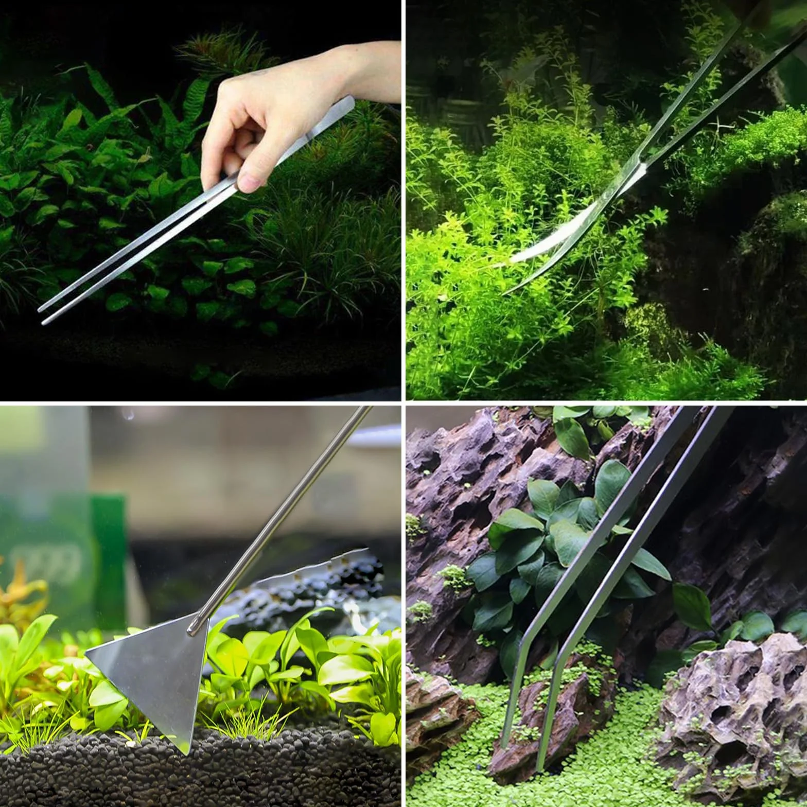 Set di Attrezzi 6 in 1 per Acquario, in Acciaio Inox, Pinzette Lunghe Dritte e Curve, Forbici Dritte, Curve e a S