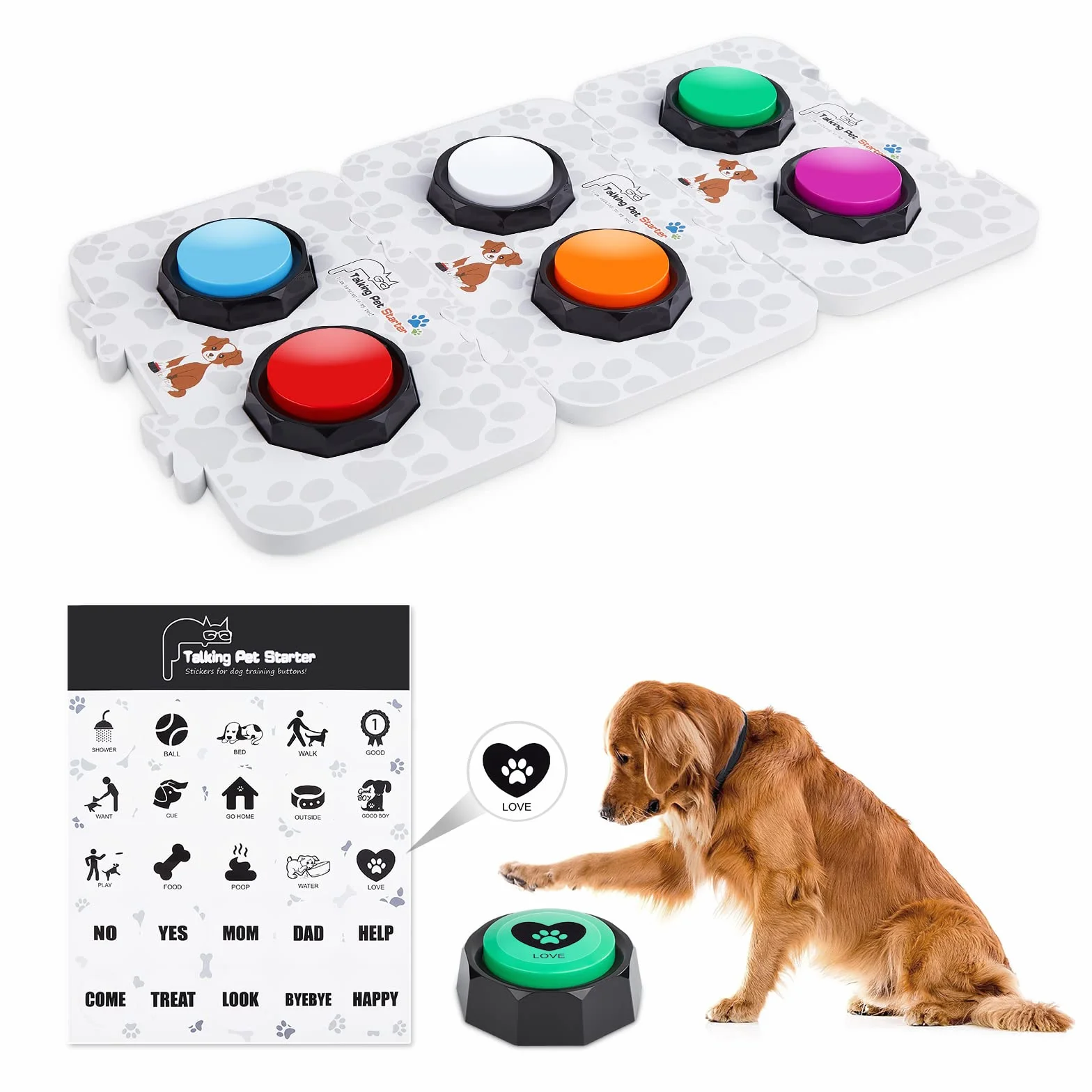 Pulsanti di allenamento per cani registrabili, 6 colori, pulsanti di addestramento vocale per cani con 25 adesivi e 3 tappetini per la comunicazione e l'addestramento
