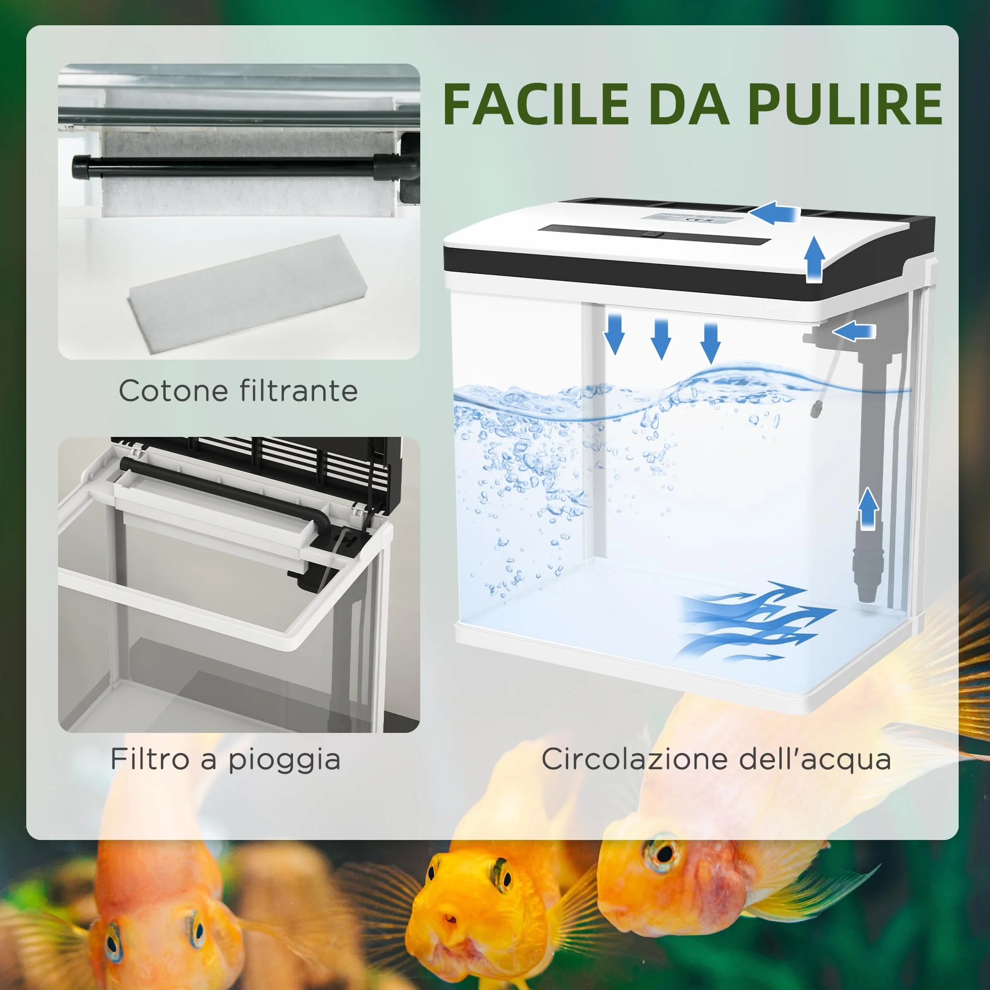 PawHut Acquario per Casa da 28L a Illuminazione LED con Fori di Ventilazione e Pompa Silenziosa, Vaschetta per Pesci in Vetro HD e ABS, 38x26x38 cm, Bianco e Trasparente